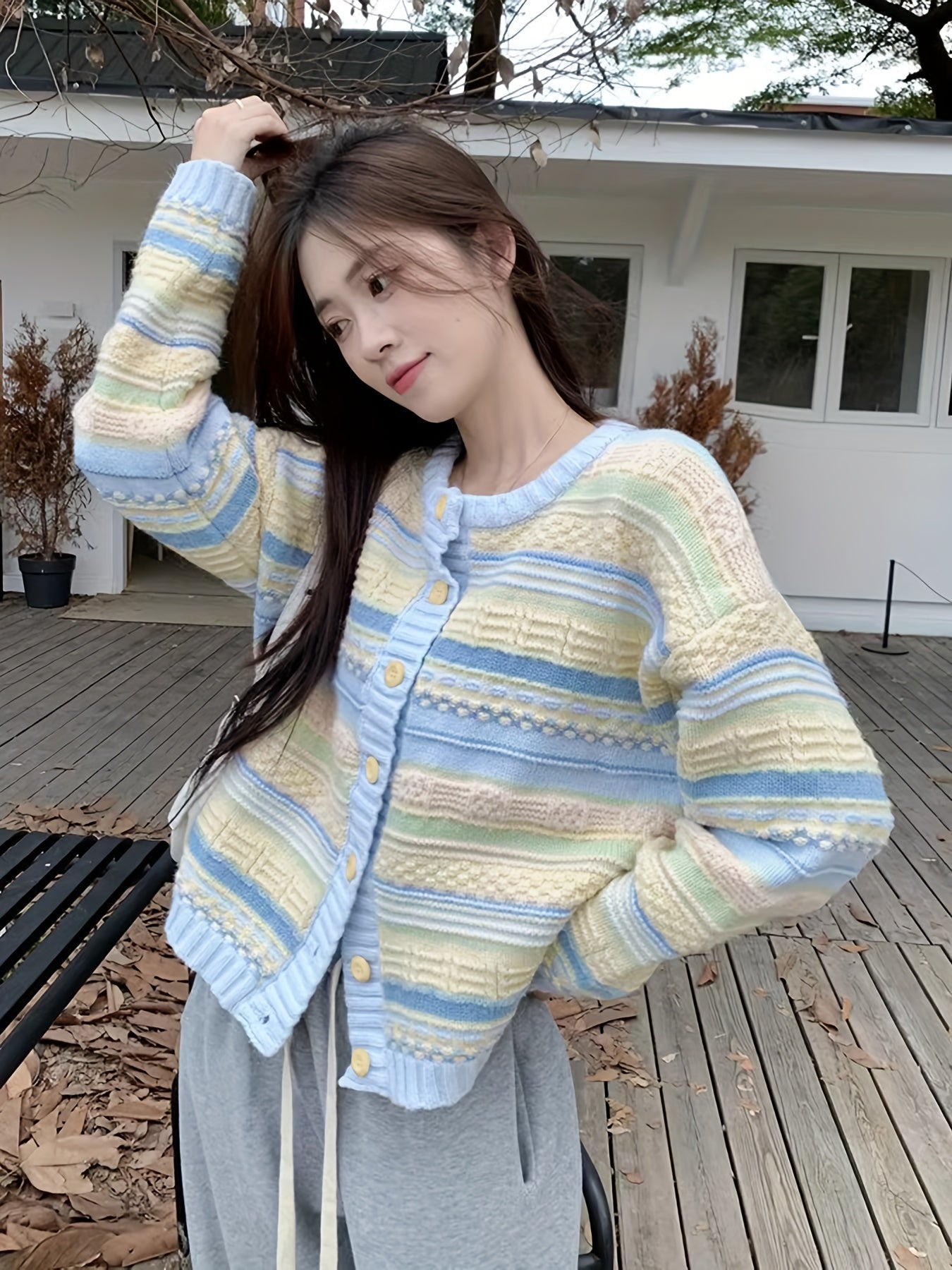 Sixsr Striped Button Up Knit Cardigan, Elegant Long Sleeve Sweater For Spring & Fall, Women's Clothing