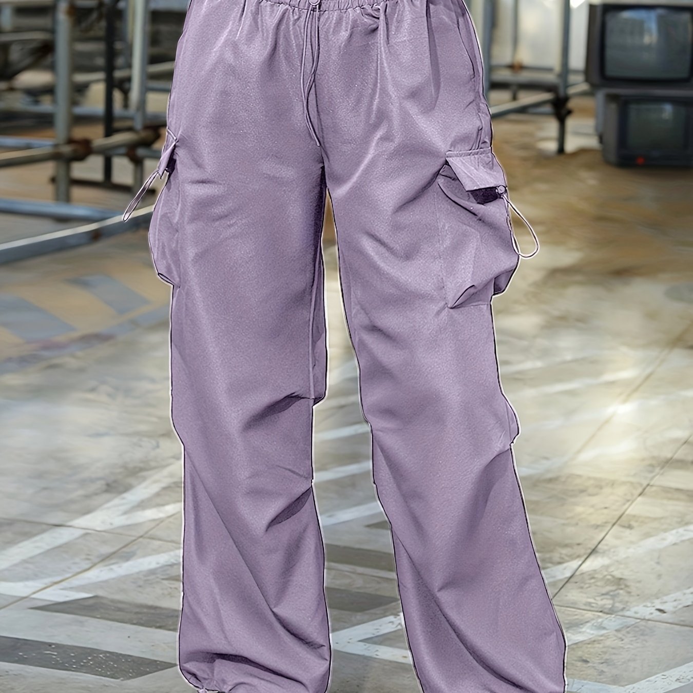 Sixsr Plus Size Casual Pants, Women's Plus Solid Elastic Drawstring High Rise Loose Parachute Cargo Pants With Pockets