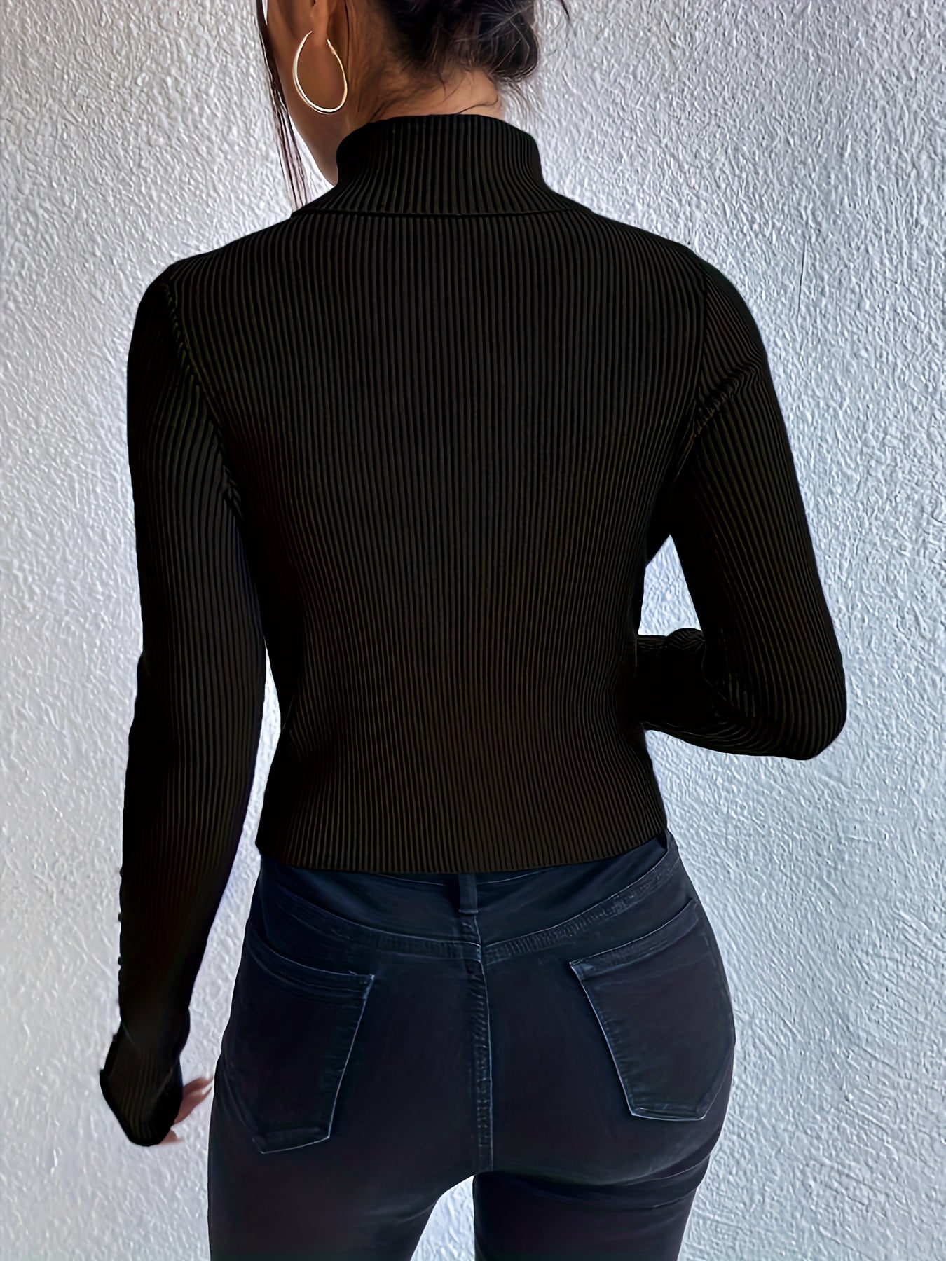 Sixsr Beaded Cut Out Turtle Neck Pullover Sweater, Elegant Long Sleeve Slim Rib Knit Sweater, Women's Clothing