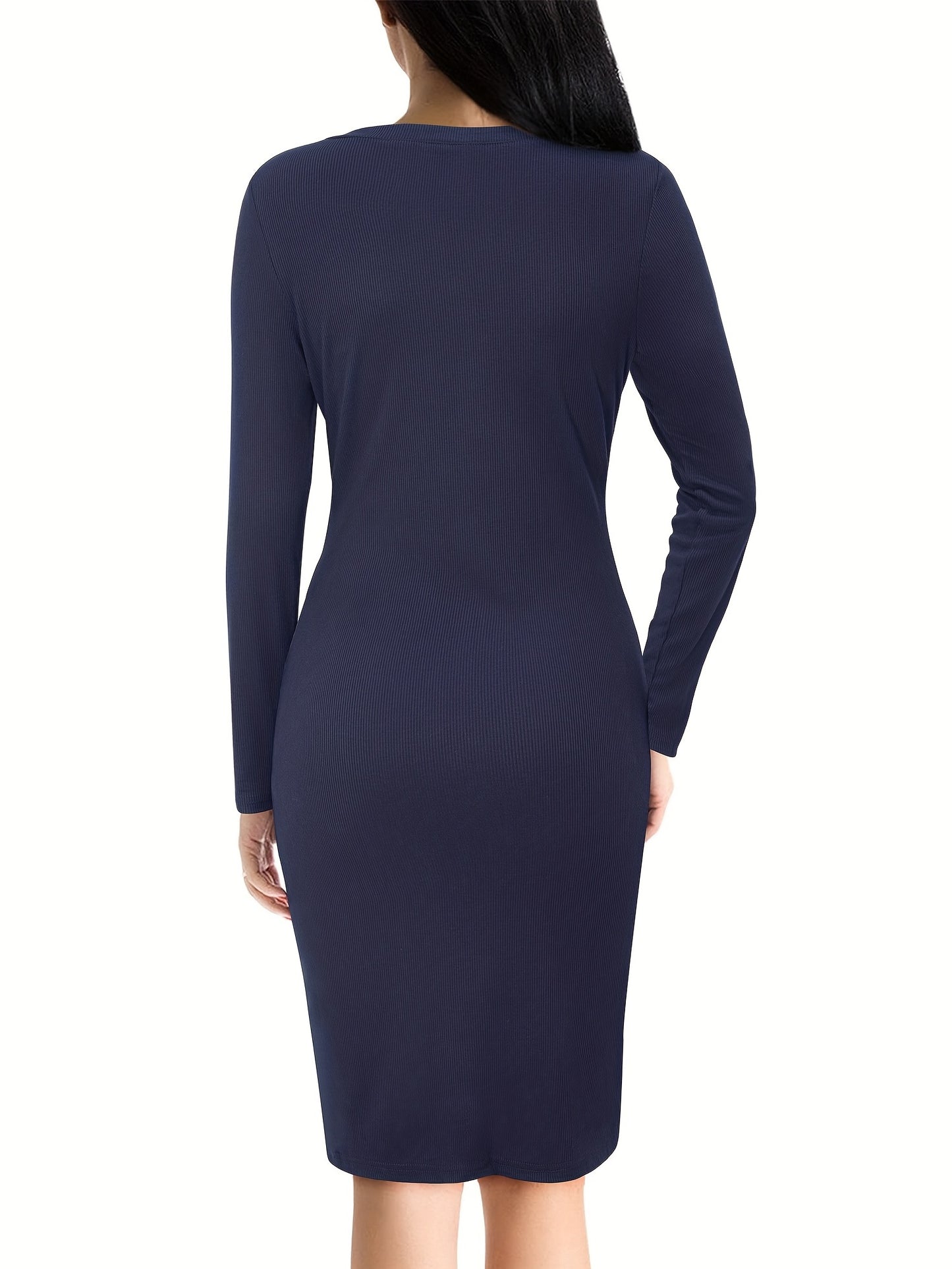 Sixsr Solid Buttons Dress, Casual V Neck Long Sleeve Bodycon Dress, Women's Clothing