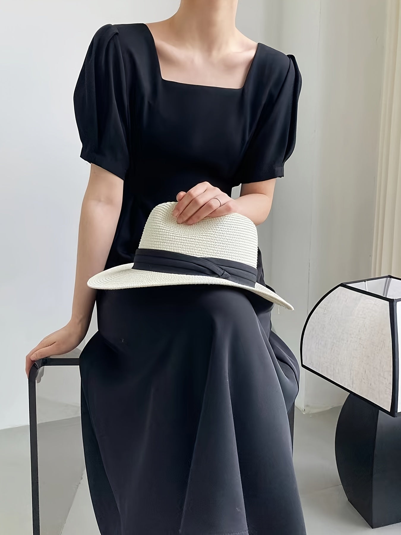 Sixsr Solid Squared Neck Short Sleeve Tie Back Dress, Elegant Ruffled Hem Stylish Maxi Dress, Women's Clothing