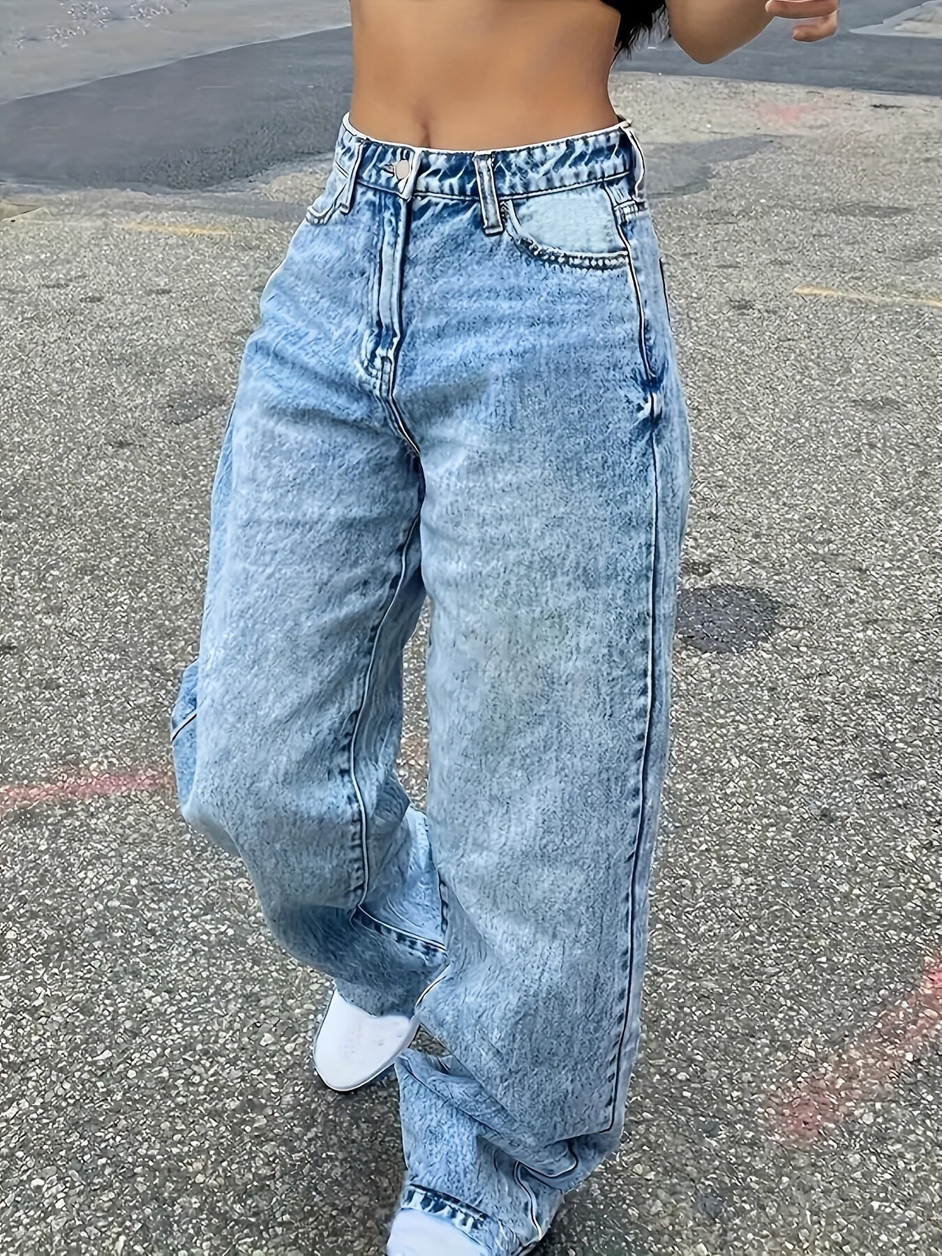 Sixsr Blue Loose Fit Straight Jeans, Slant Pockets Non-Stretch Mid Waist Denim Trousers, Women's Denim Jeans & Clothing