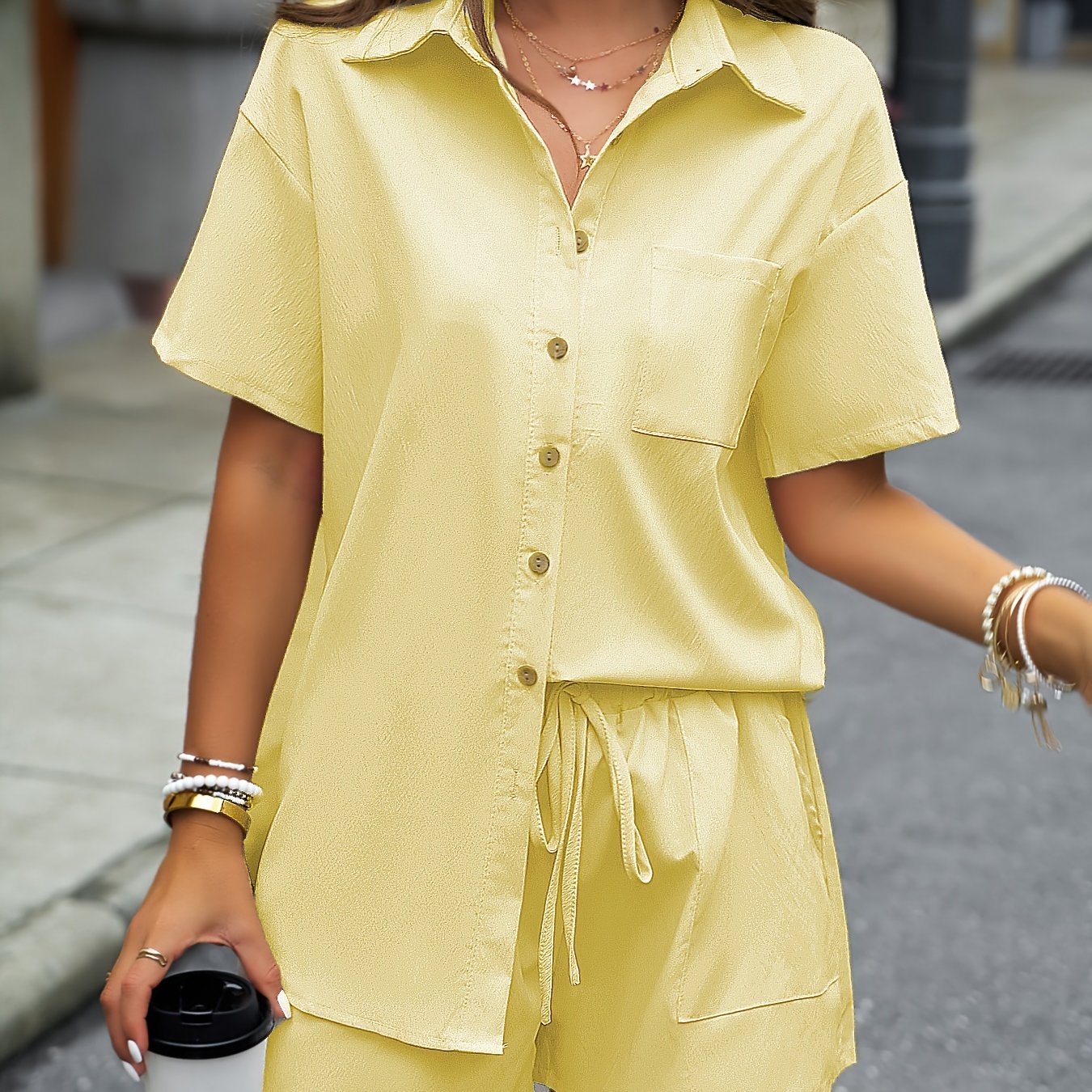 Sixsr Solid Casual Two-piece Set, Button Front Turn Down Collar Mid Length Shirt & Drawstring Elastic Waist Shorts Outfits, Women's Clothing