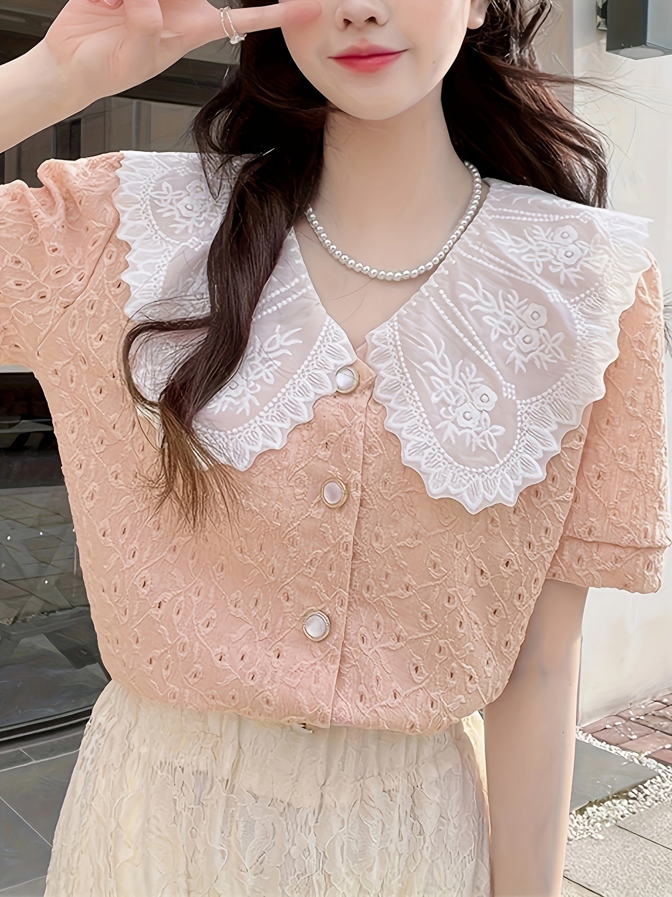 Sixsr Contrast Trim Elegant Blouse, Short Sleeve Blouse For Spring & Summer, Women's Clothing
