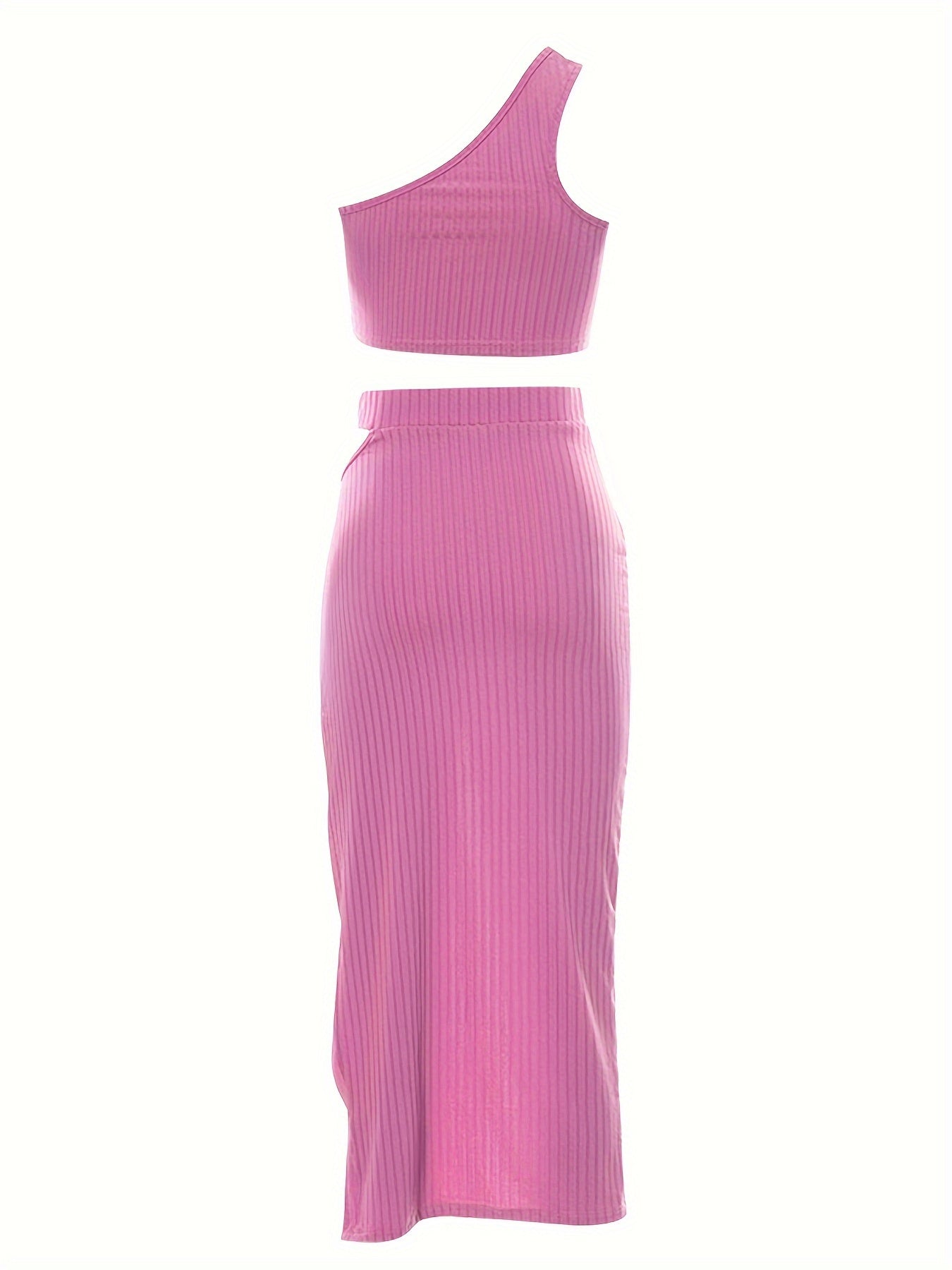 Sixsr Solid Casual Two-piece Skirt Set, One Shoulder Crop Top & Split Skirt Outfits, Women's Clothing
