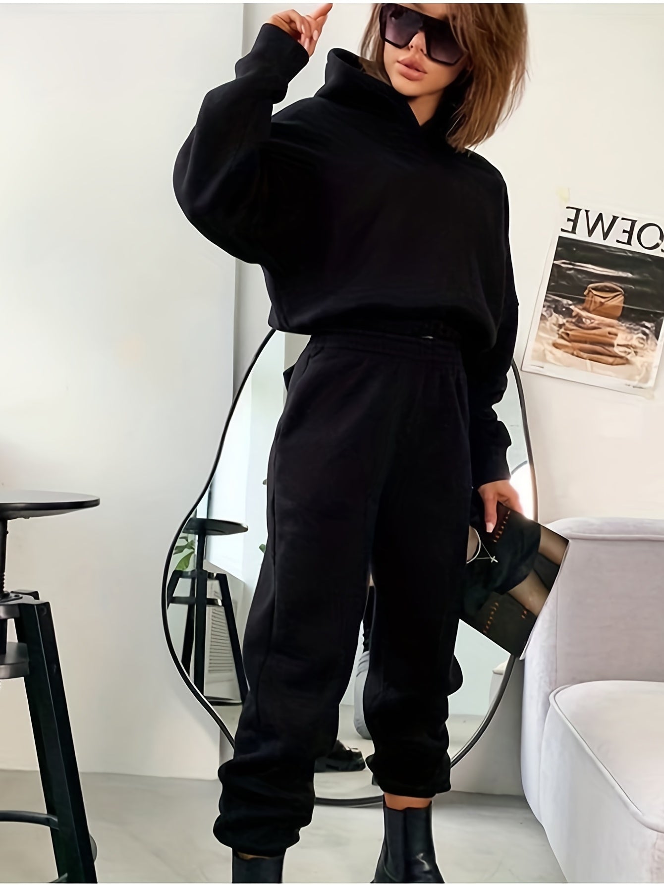 Sixsr Casual Two-piece Set, Solid Hoodie & Elastic Waist Jogger Pants Outfits, Women's Clothing