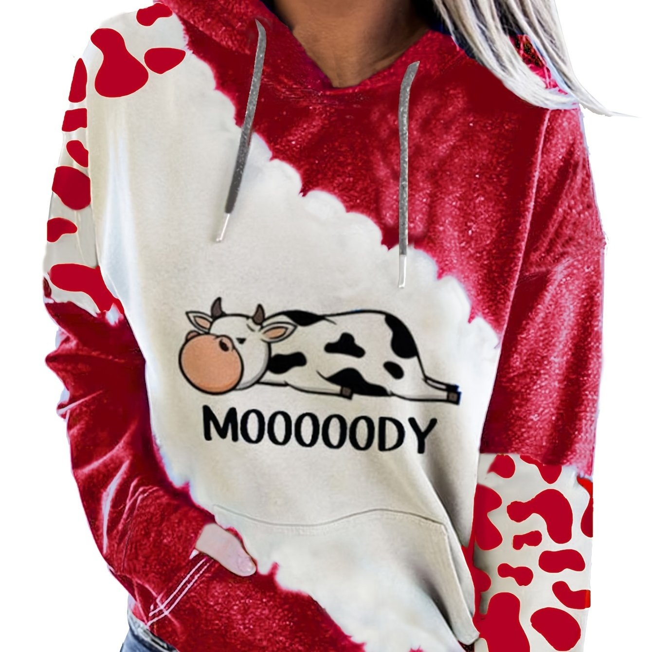 Sixsr Cow & Letter Print Hoodies, Casual Drawstring Kangaroo Pocket Sweatshirt, Women's Clothing