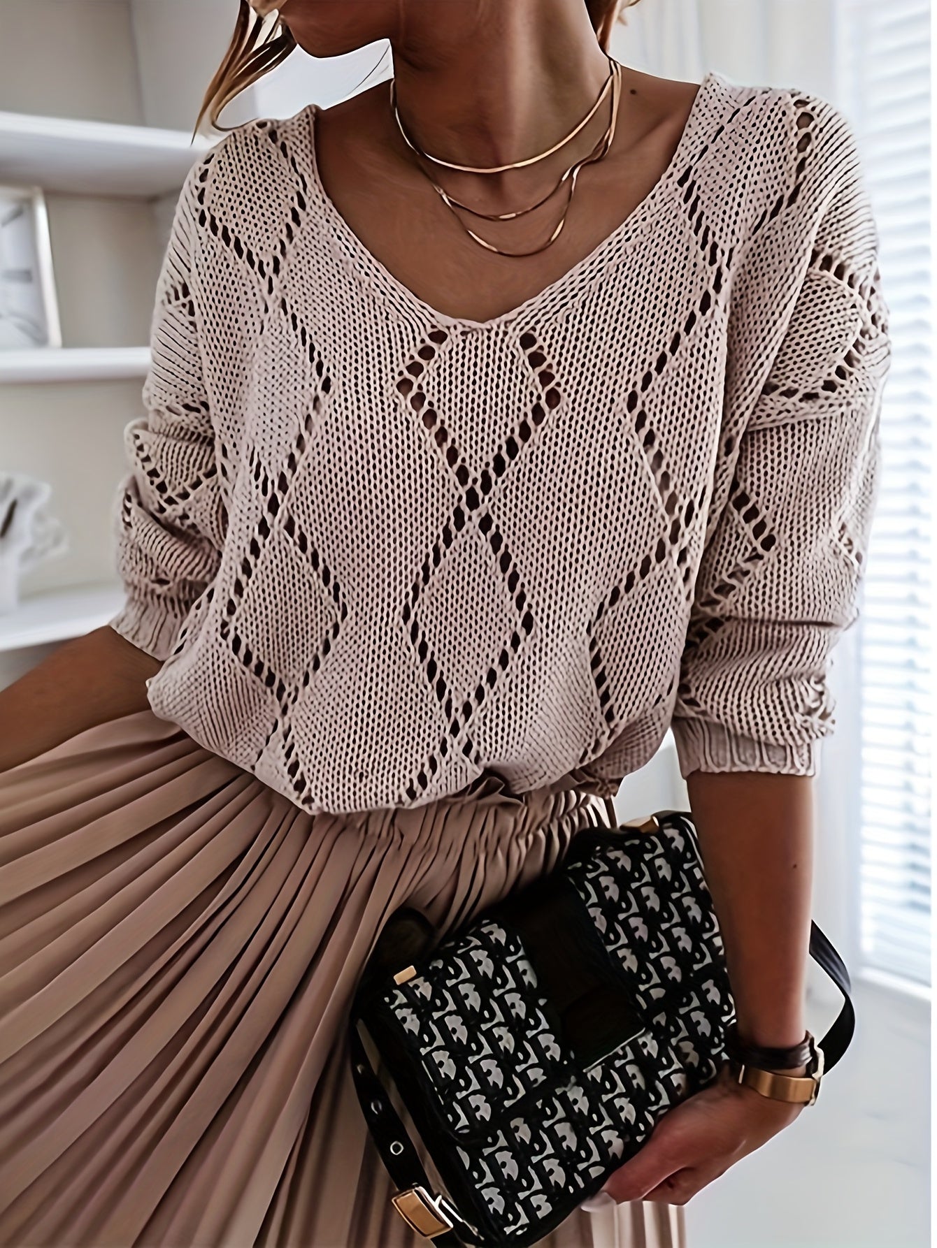 Sixsr Long Sleeve Hollow Out Sweater, V Neck Casual Sweater, Women's Clothing