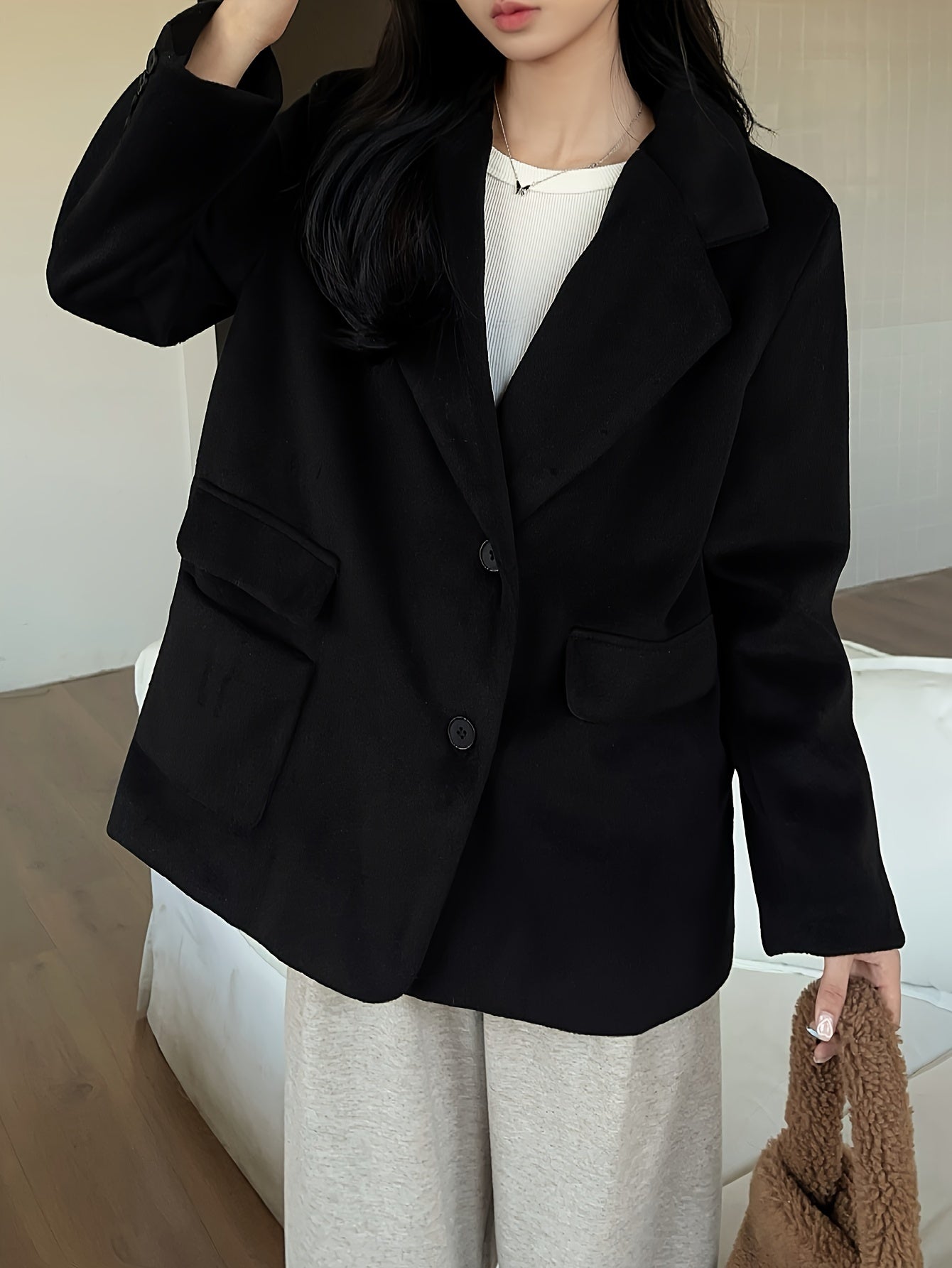 Sixsr Button Front Notched Collar Coat, Casual Thermal Long Sleeve Pocket Blazer For Fall & Winter, Women's Clothing