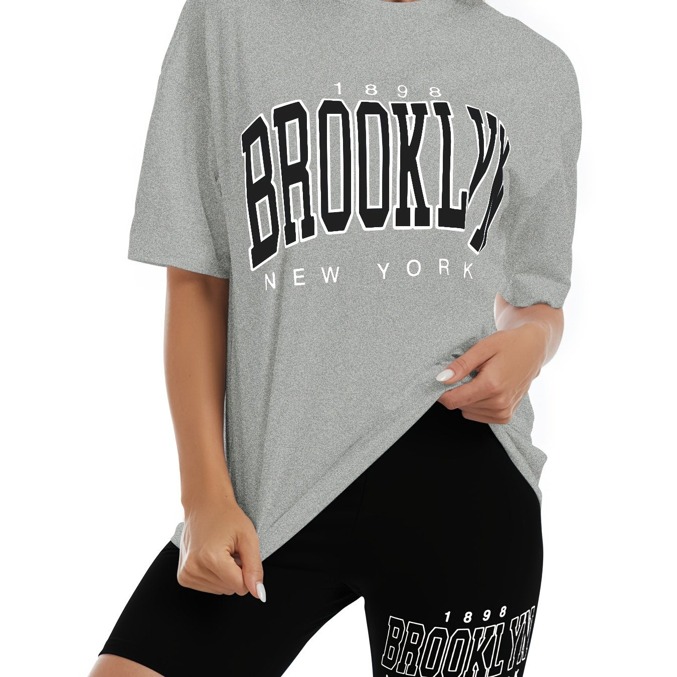 Sixsr Stylish Letter Print Two-piece Set, Casual Crew Neck Short Sleeve T-shirt & Slim Summer Shorts Outfits, Women's Clothing