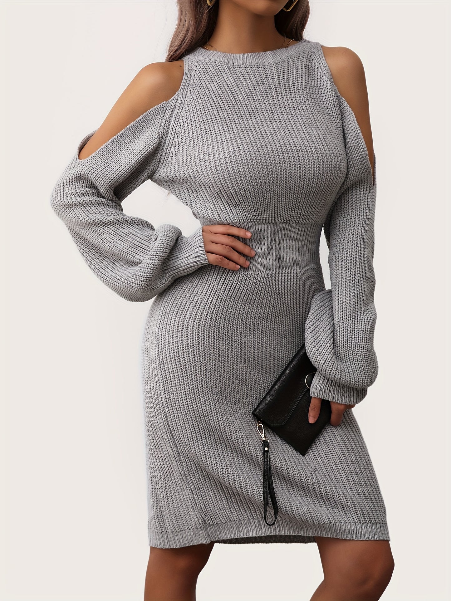 Sixsr Cold Shoulder Lantern Sleeve Dress, Elegant Solid Bodycon Dress, Women's Clothing
