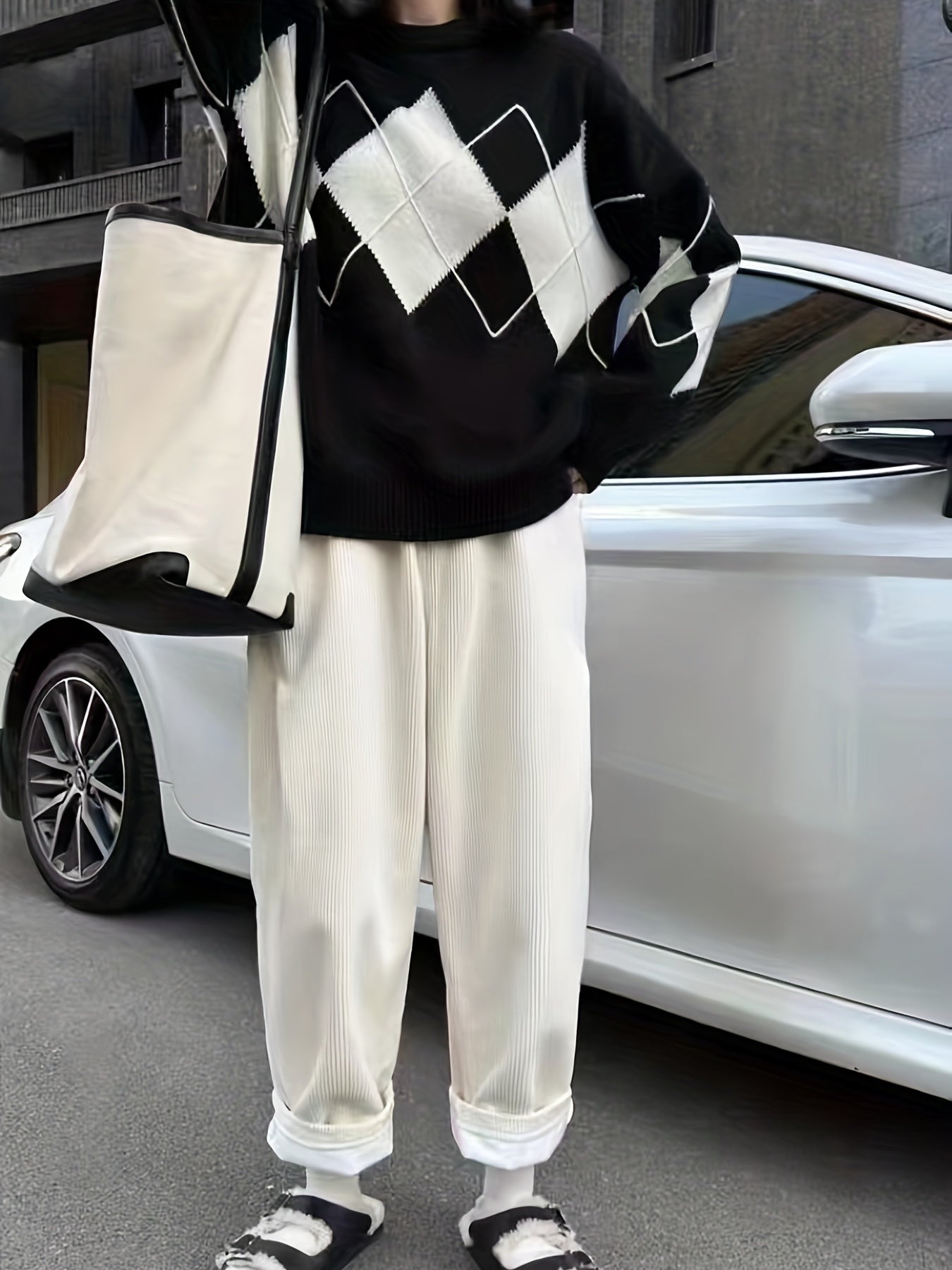 Sixsr Argyle Print Knit Sweater, Casual Crew Neck Long Sleeve Sweater, Women's Clothing