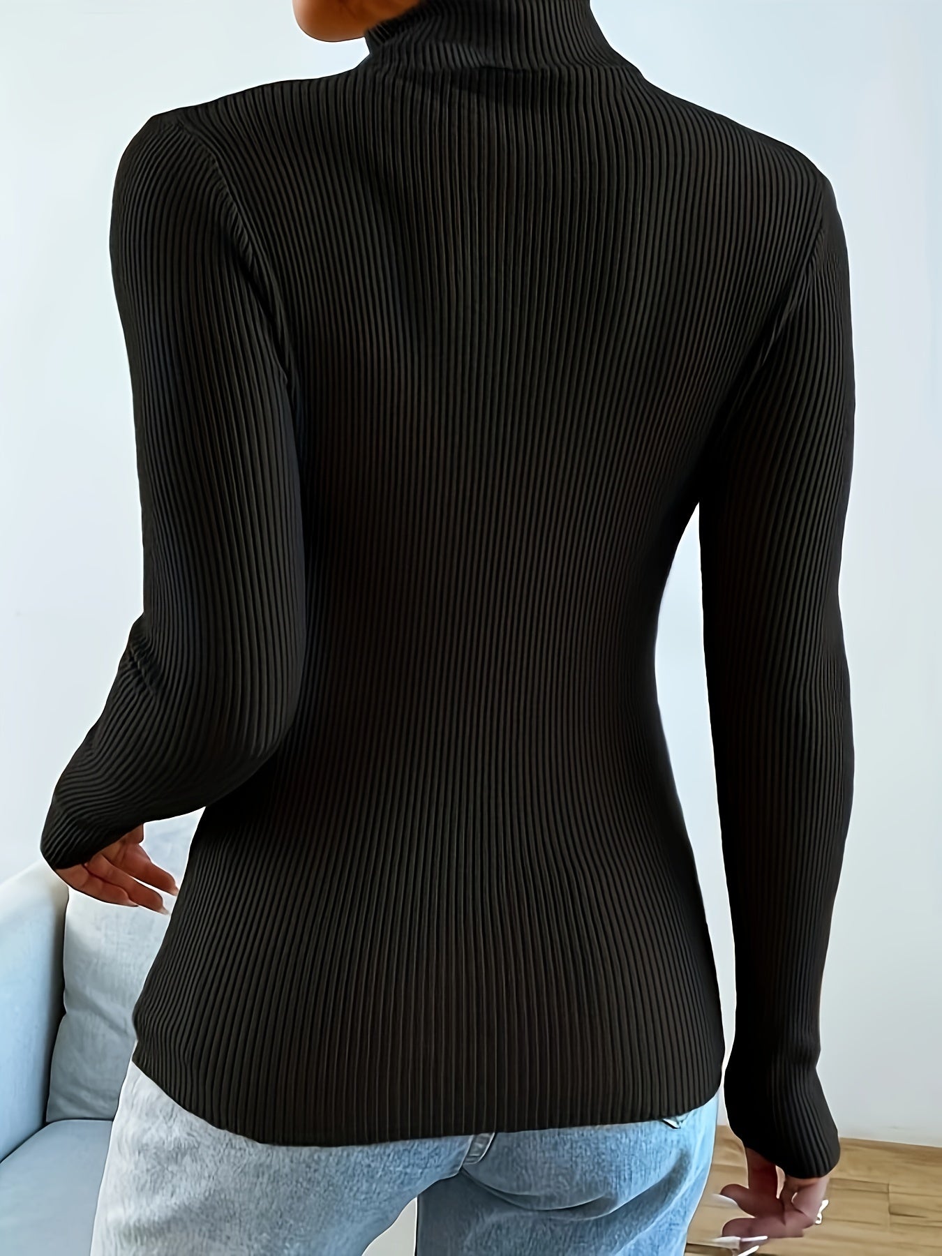 Sixsr Plus Size Casual Knit Top, Women's Plus Solid Ribbed Long Sleeve Turtle Neck Skinny Sweater
