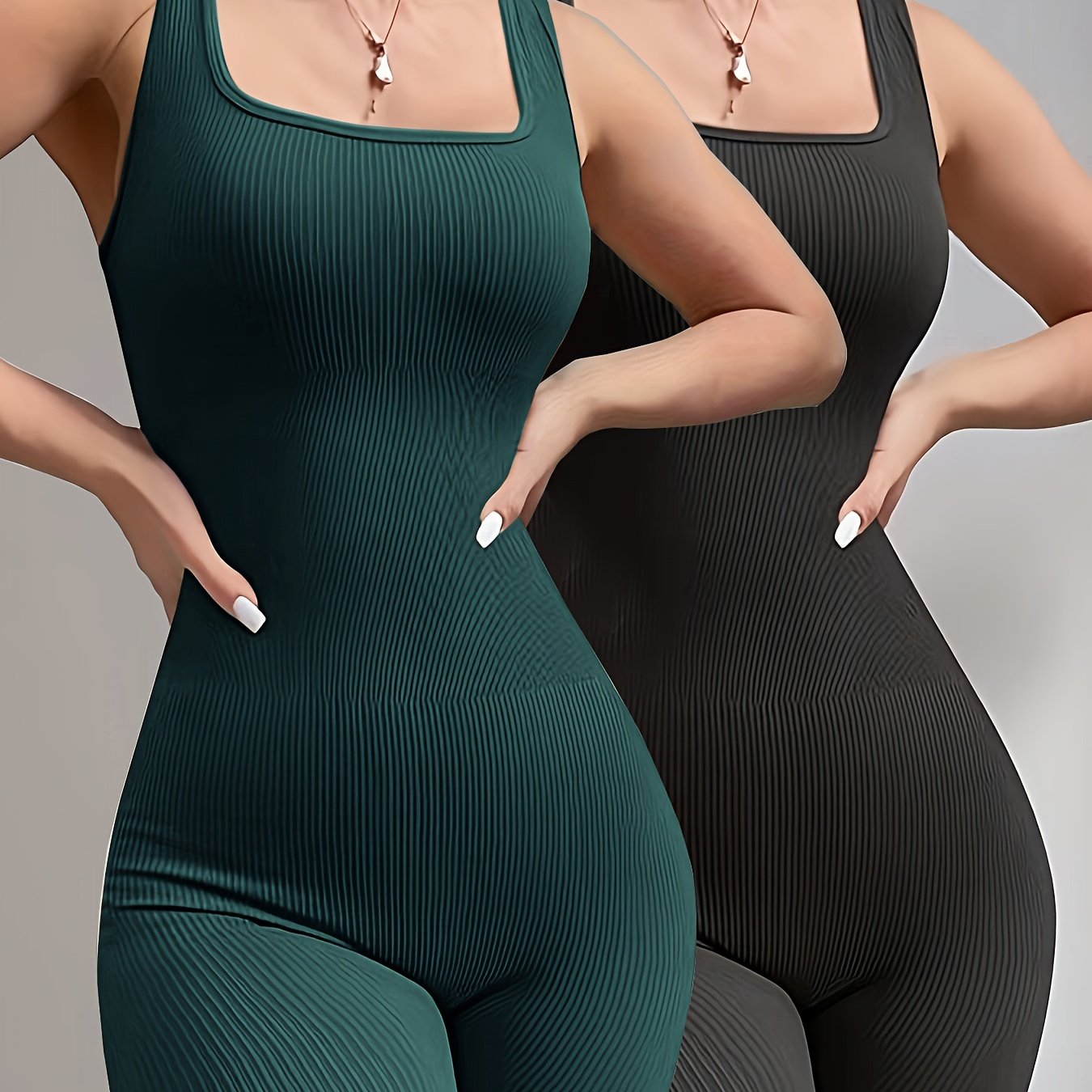Sixsr 2pcs Solid Color Ribbed Yoga Jumpsuit, Square Neck Sports Fitness Sleeveless Bodysuit, Women's Activewear