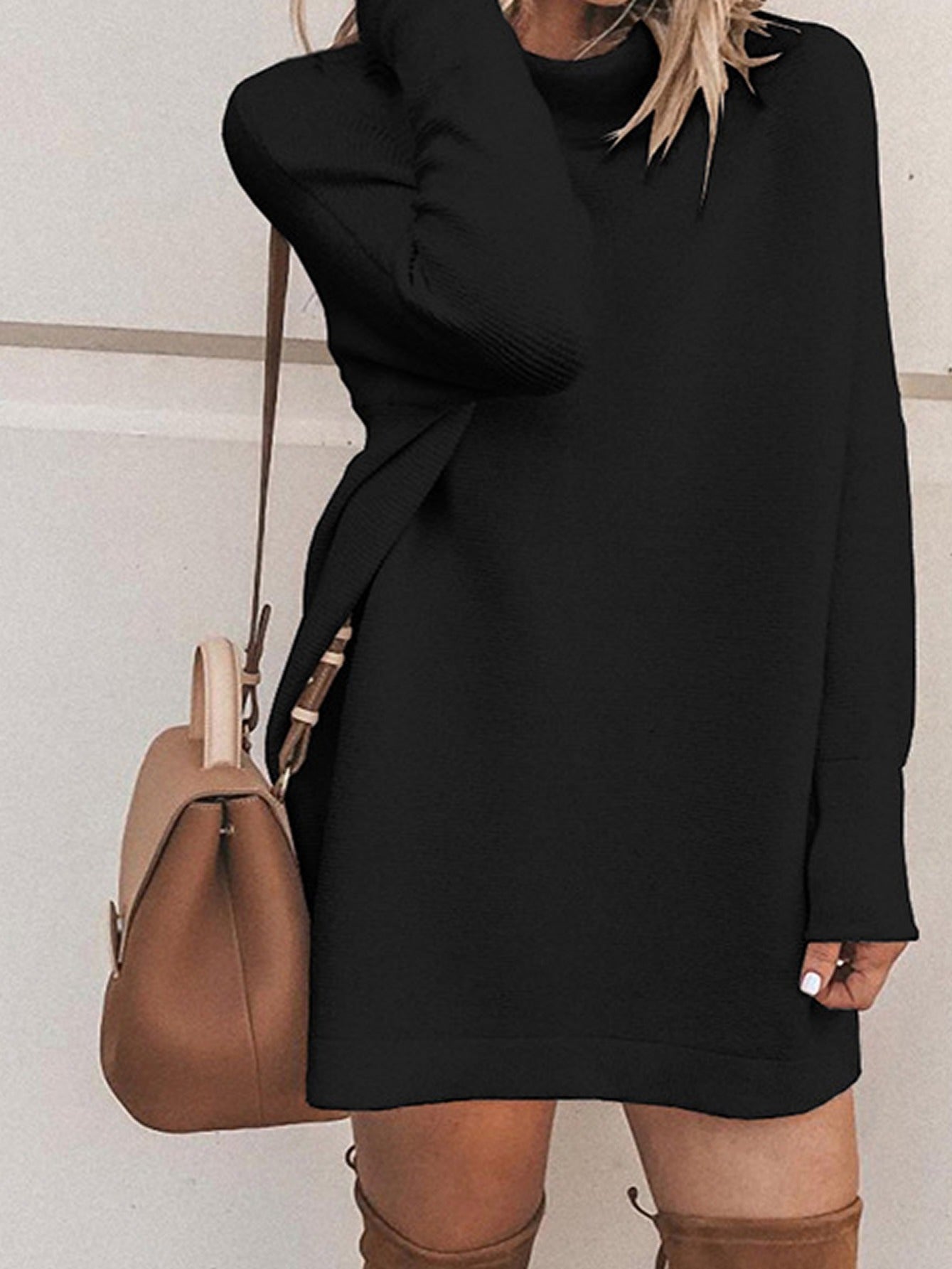 Sixsr Casual High Neck Dress, Long Sleeve Solid Loose Fitting Basic Dresses, Women's Clothing