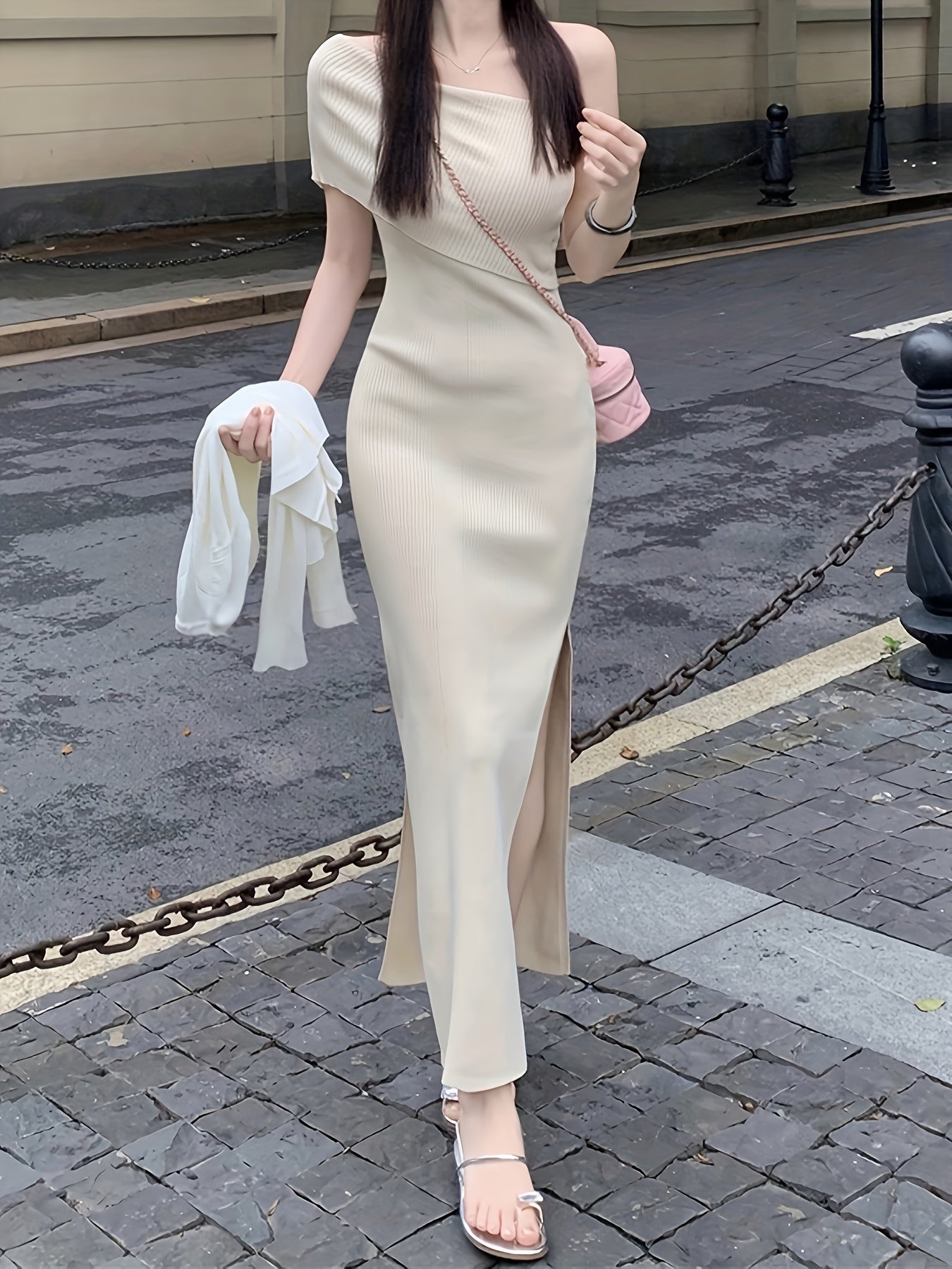 Sixsr Solid Color One-shoulder Dress, Chic Skew Neck Split Hem Slim Dress, Women's Clothing