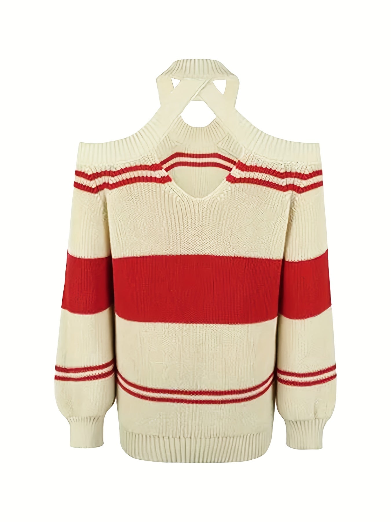 Sixsr Plus Size Casual Sweater, Women's Plus Colorblock Stripe Print Cold Shoulder Long Sleeve Round Neck Jumper