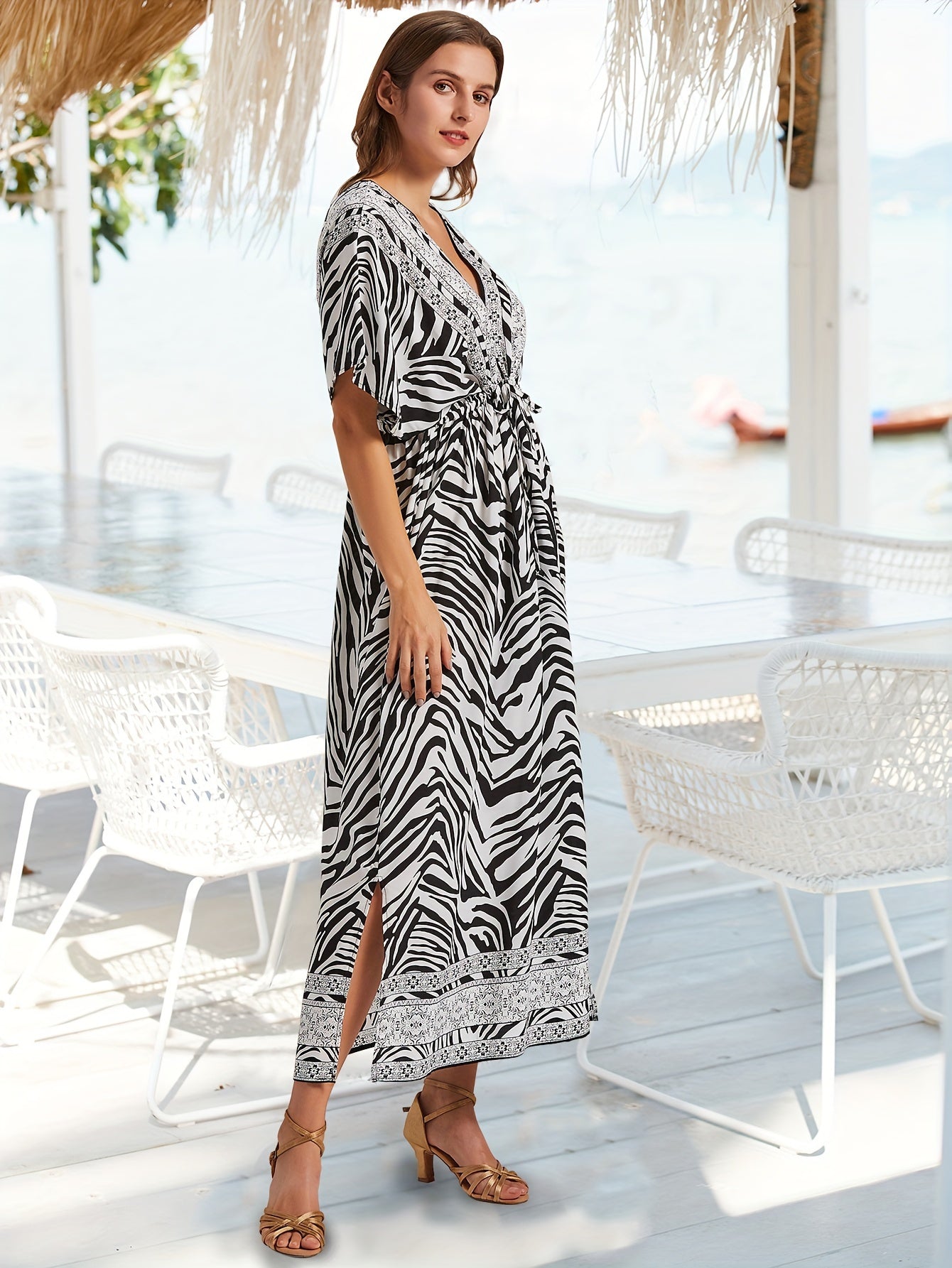 Sixsr Zebra Print Split Midi Dress, Boho V Neck Batwing Sleeve Dress, Women's Clothing