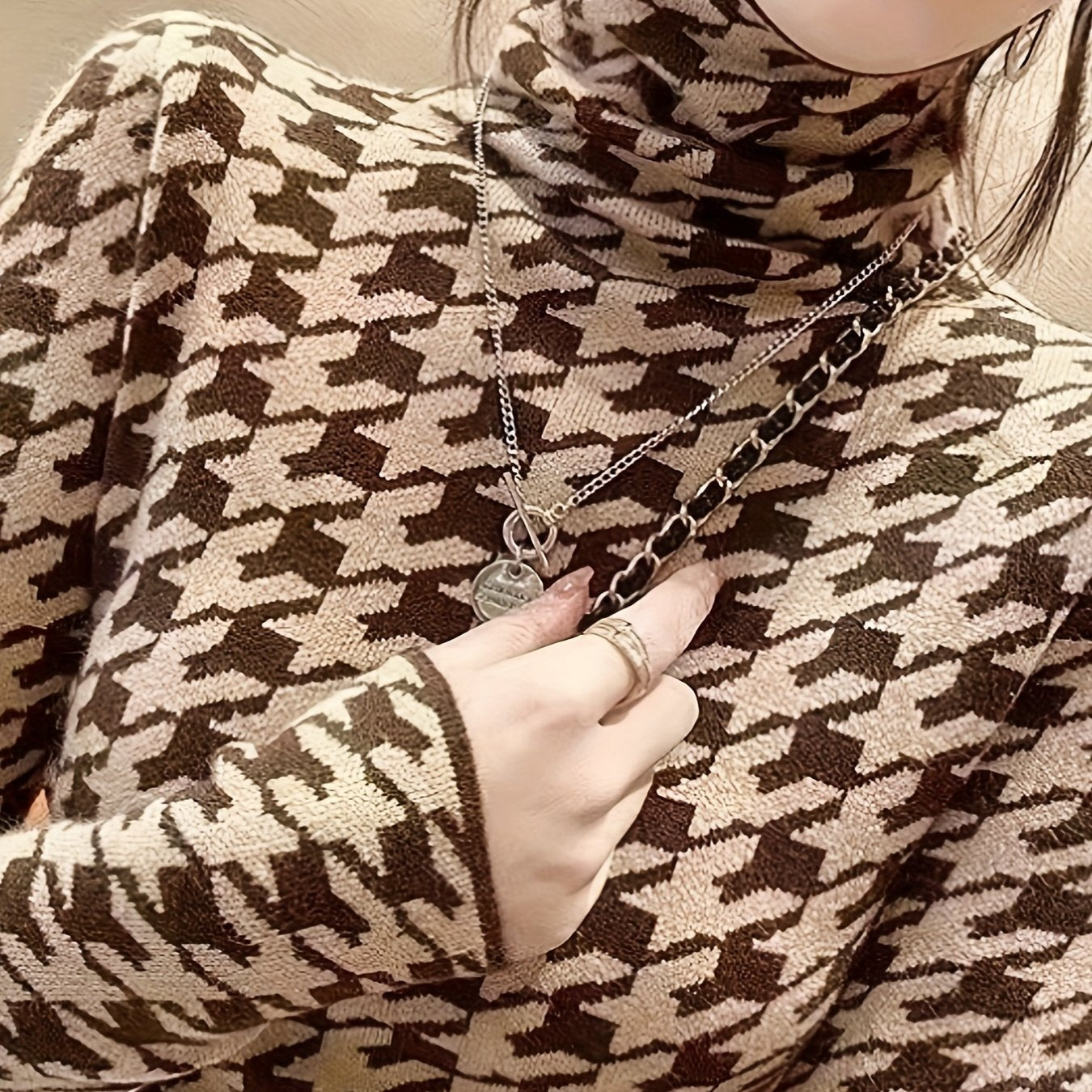 Sixsr Houndstooth Pattern Turtle Neck Pullover Sweater, Elegant Long Sleeve Slim Versatile Sweater, Women's Clothing