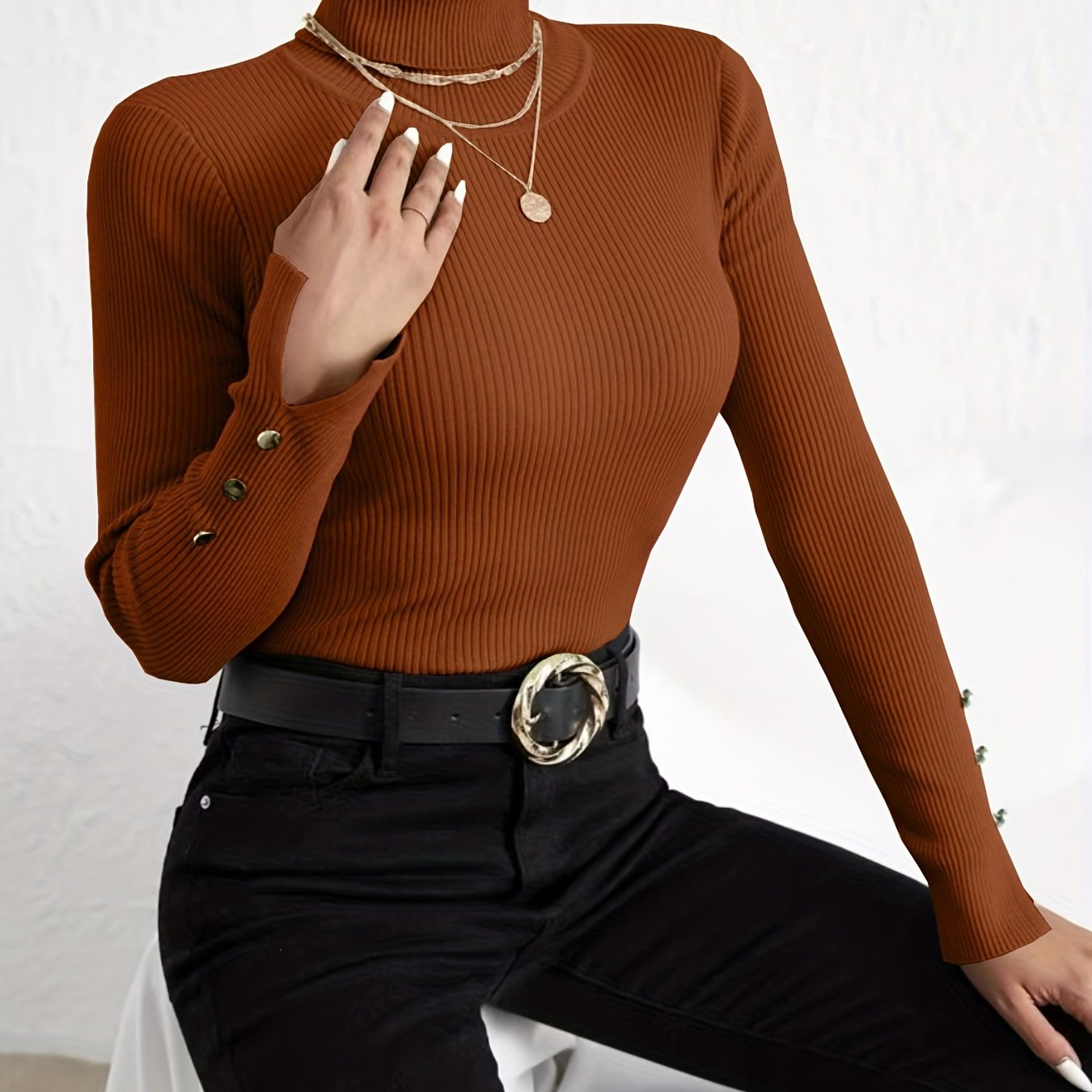 Sixsr Solid Turtle Neck Slim Pullover Sweater, Casual Long Sleeve Fake Button Sweater For Fall & Winter, Women's Clothing