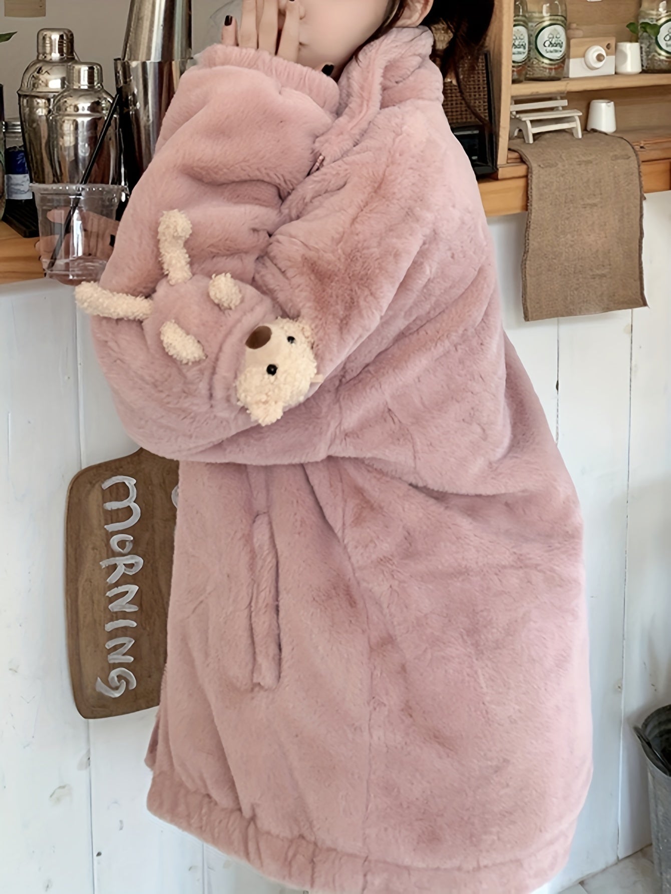 Sixsr Teddy Decor Zip Front Plush Coat, Long Sleeve Slant Pockets Outerwear For Fall & Winter, Women's Clothing