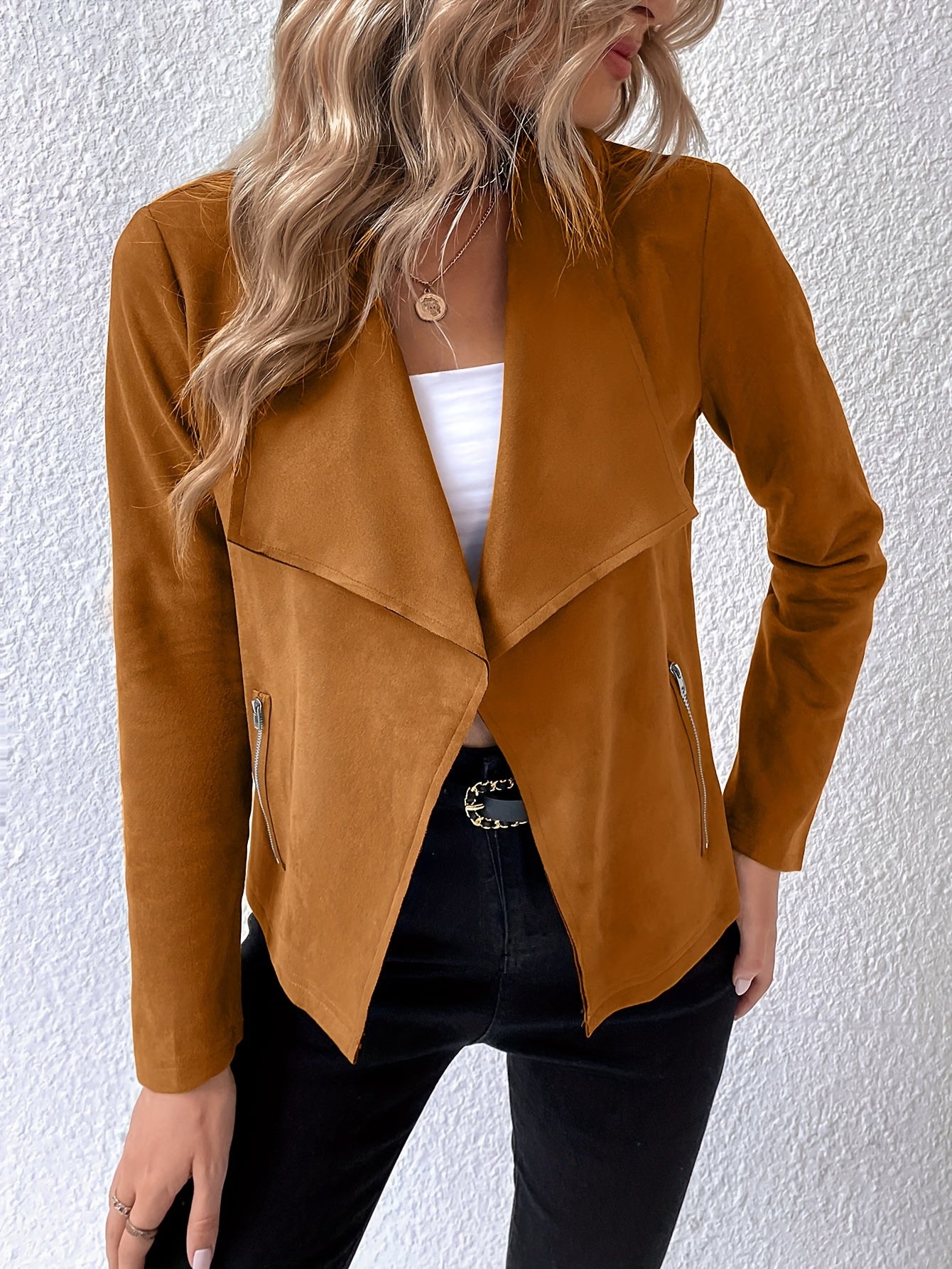 Sixsr Solid Open Front Lapel Jacket, Elegant Long Sleeve Jacket For Spring & Fall, Women's Clothing