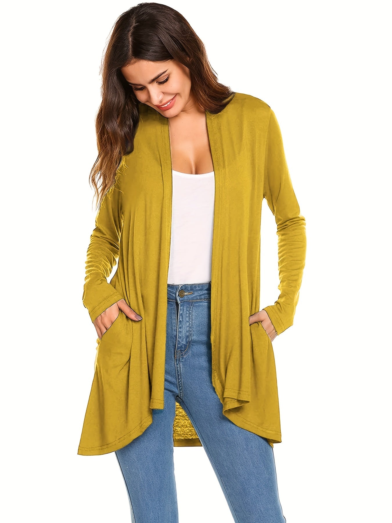 Sixsr Solid Open Front Drape Cardigan, Casual Long Sleeve Pocket Cardigan For Spring & Fall, Women's Clothing