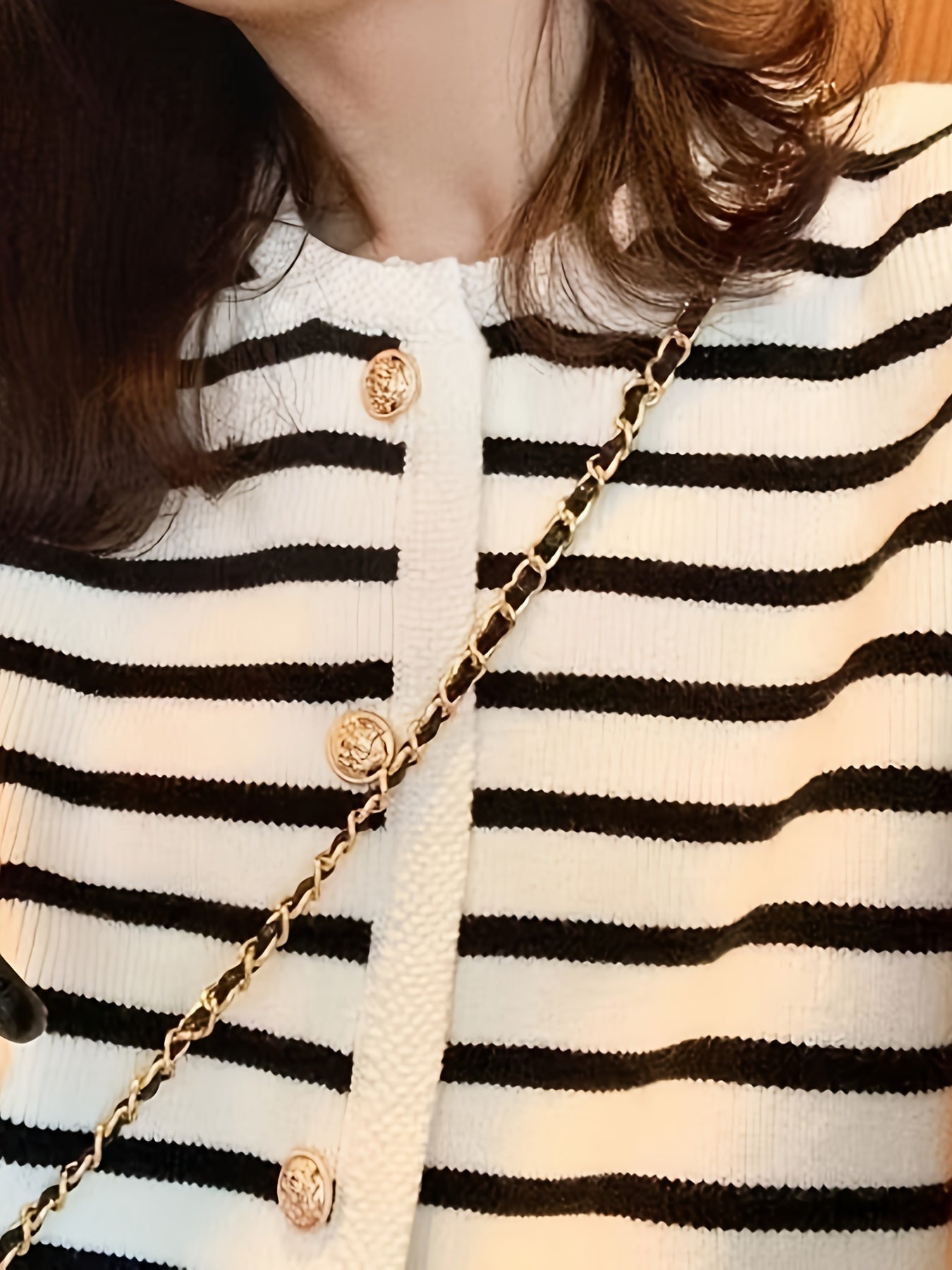 Sixsr Striped Pattern Patched Pockets Outwear, Elegant Single Button Long Sleeve Outwear, Women's Clothing