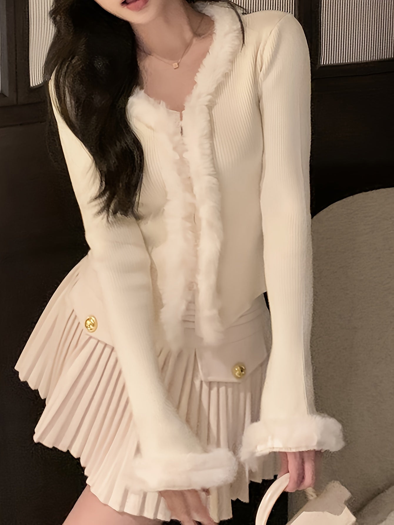 Sixsr Solid Faux Fur Decor V-neck Cardigan, Elegant Long Sleeve Slim Knit Cardigan For Fall & Winter, Women's Clothing