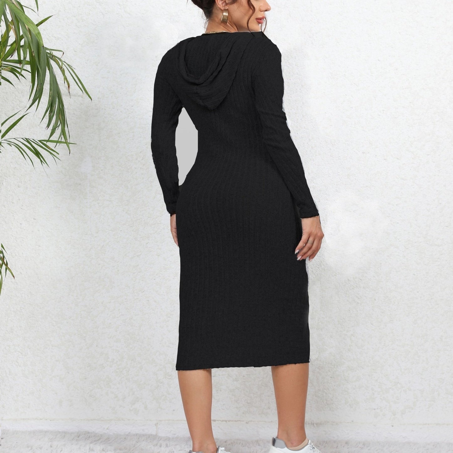 Sixsr Ribbed Knit Drawstring Hoodie Dress, Casual Long Sleeve Dress For Spring & Fall, Women's Clothing