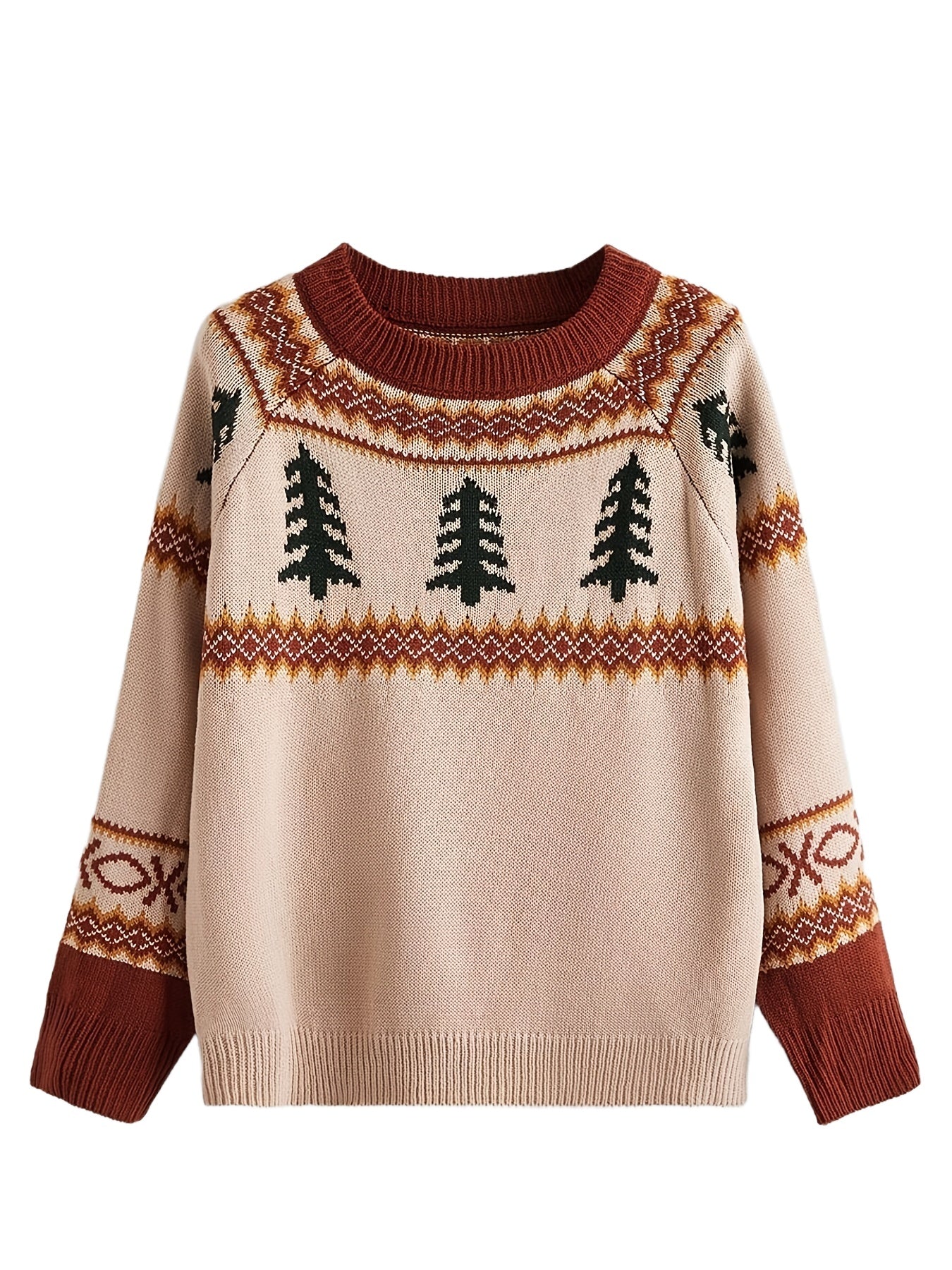 Sixsr Plus Size Christmas Jacquard Long Sleeve Sweater, Women's Plus Slight Stretch Casual Pullover Sweater