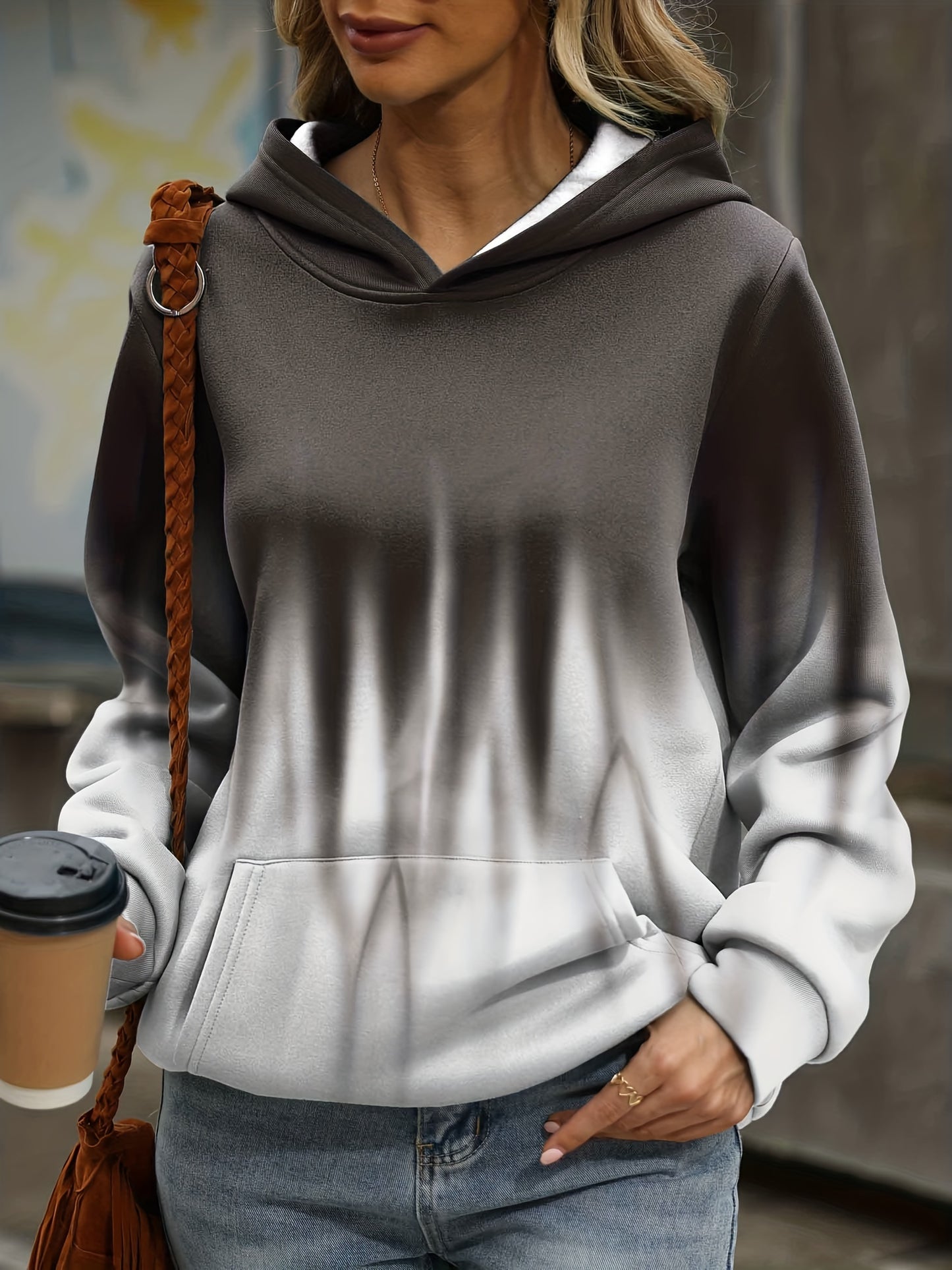 Sixsr Plus Size Casual Sweatshirt, Women's Plus Ombre Print Long Sleeve Slight Stretch Hoodie With Kangaroo Pocket