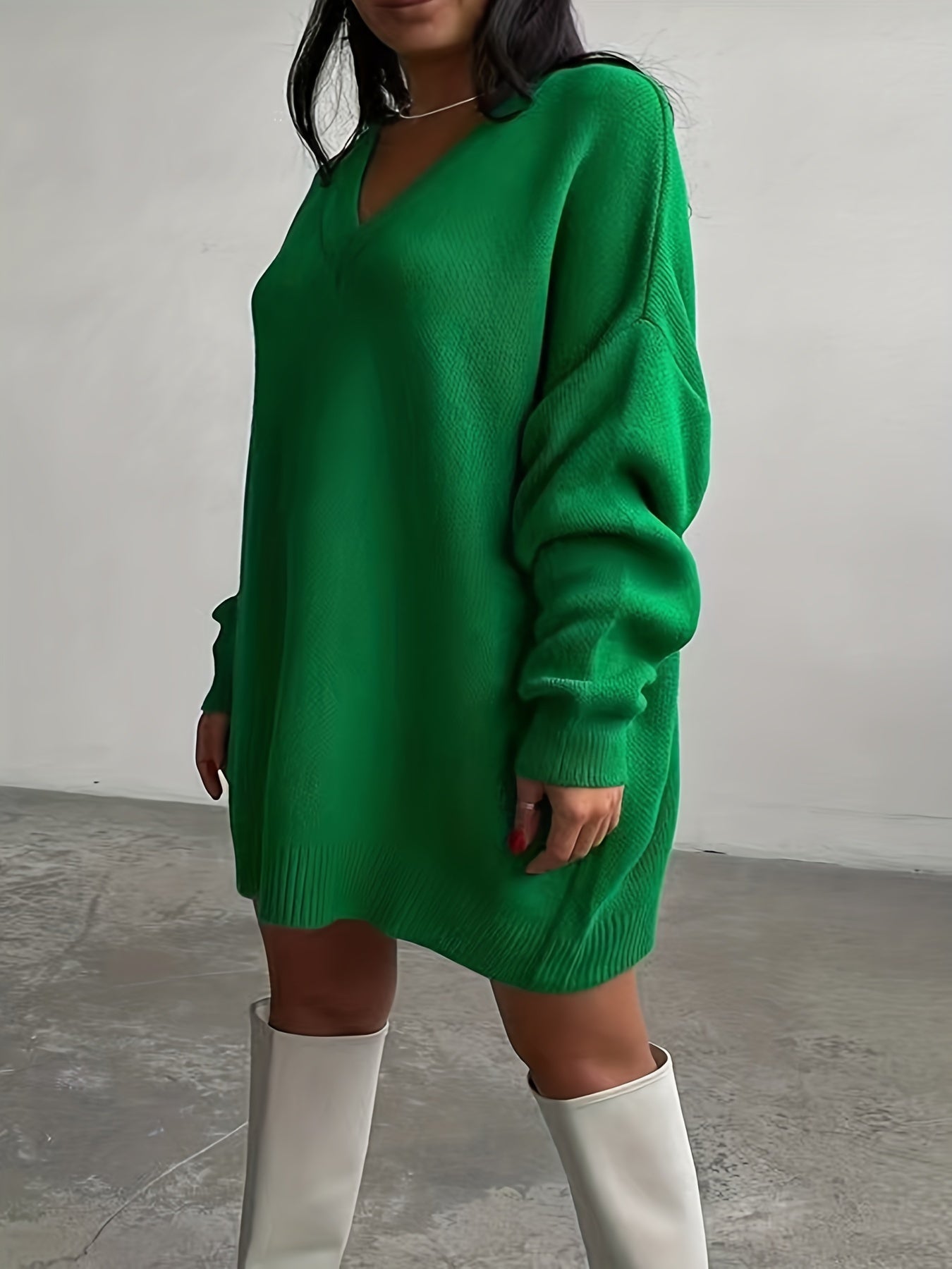 Sixsr Plus Size Casual Sweater, Women's Plus Solid Long Sleeve V Neck Oversized Sweater