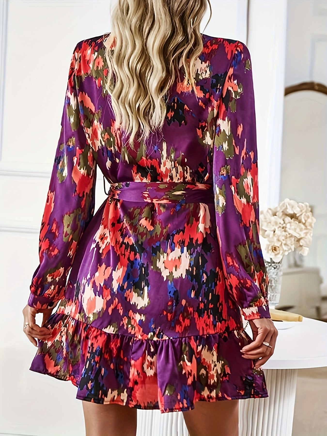 Sixsr Allover Print Long Sleeve Dress, Casual V Neck Tie-neck Ruffle Hem Dress, Women's Clothing