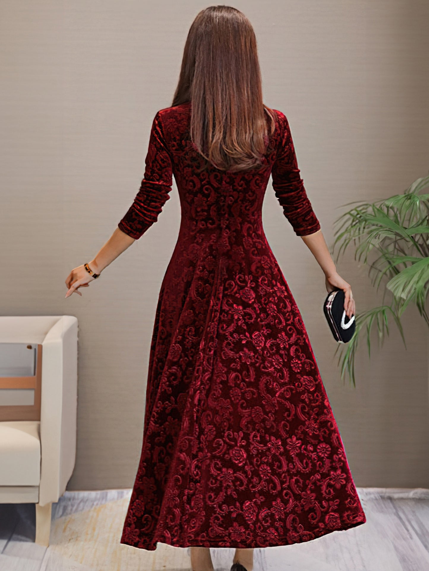 Sixsr Solid Color Long Sleeve Dress, Elegant V Neck Flared Dress For Spring & Fall, Women's Clothing