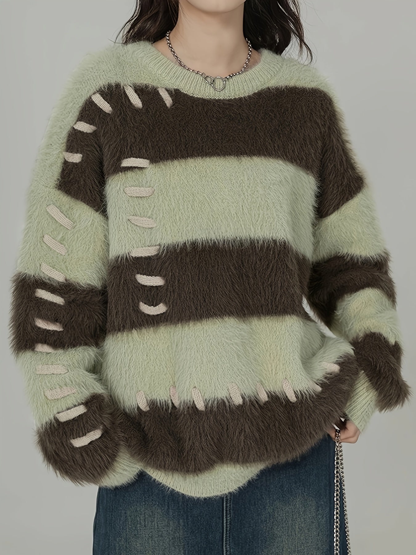 Sixsr Color Block Knitted Pullover Sweater, Casual Long Sleeve Sweater For Fall & Winter, Women's Clothing