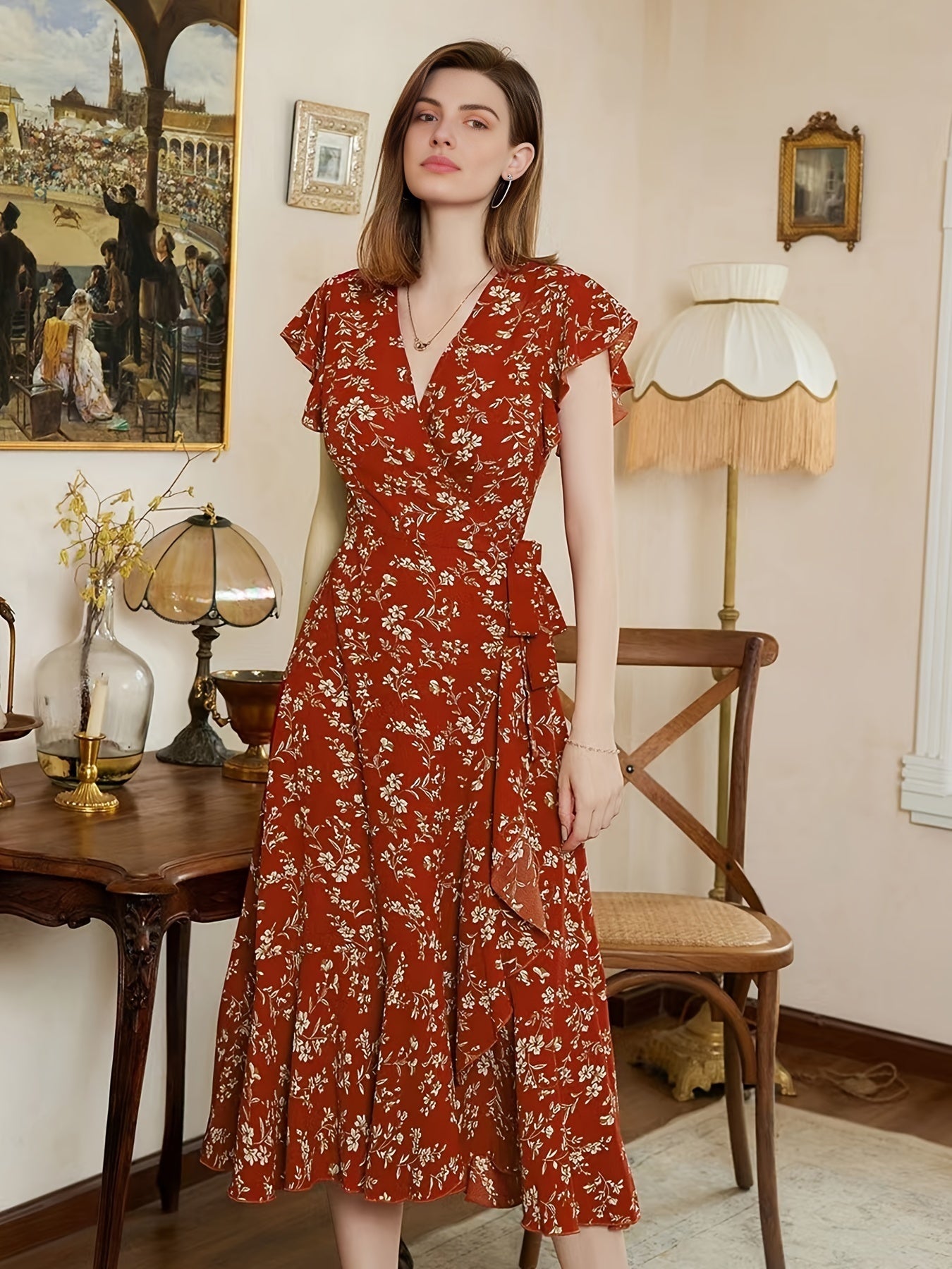 Sixsr Floral Print Vacation Deep V Neck Dress, Elegant Casual Every Day Dress For All Season, Women's Clothing