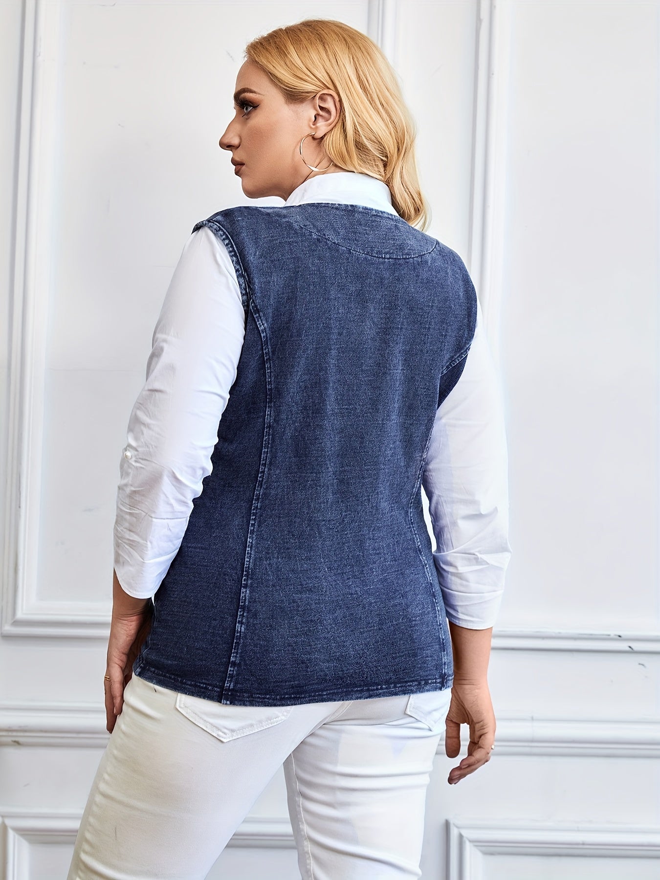 Sixsr Plus Size Casual Vest, Women's Plus Round Neck Slight Stretch Zipper Vest With Pockets