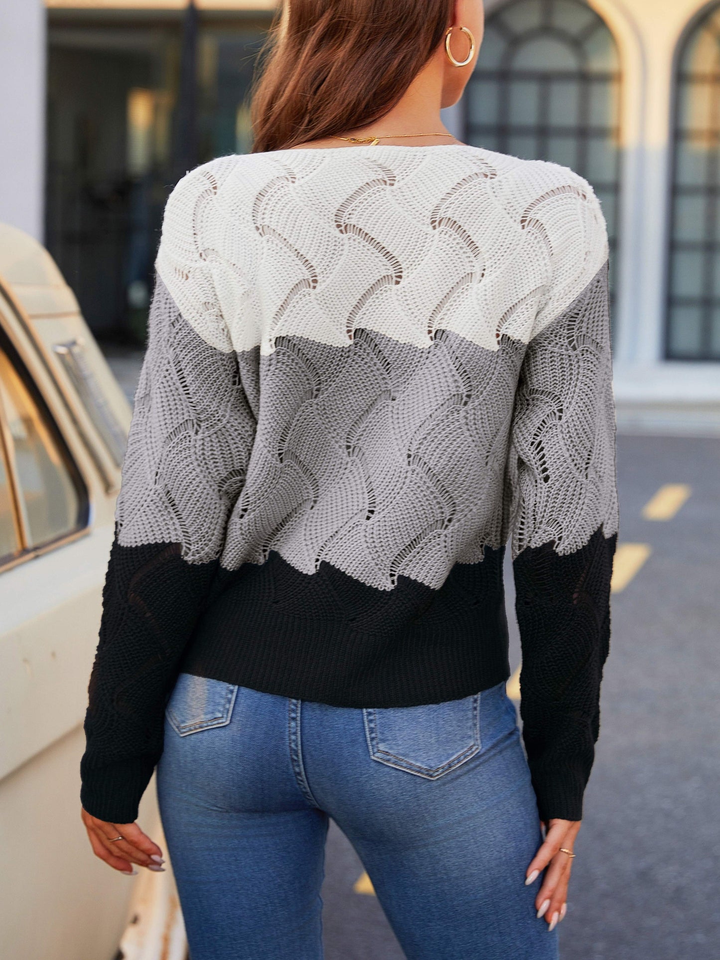 Sixsr Cutout Colorblock Knit Sweater, Casual Crew Neck Long Sleeve Sweater, Women's Clothing