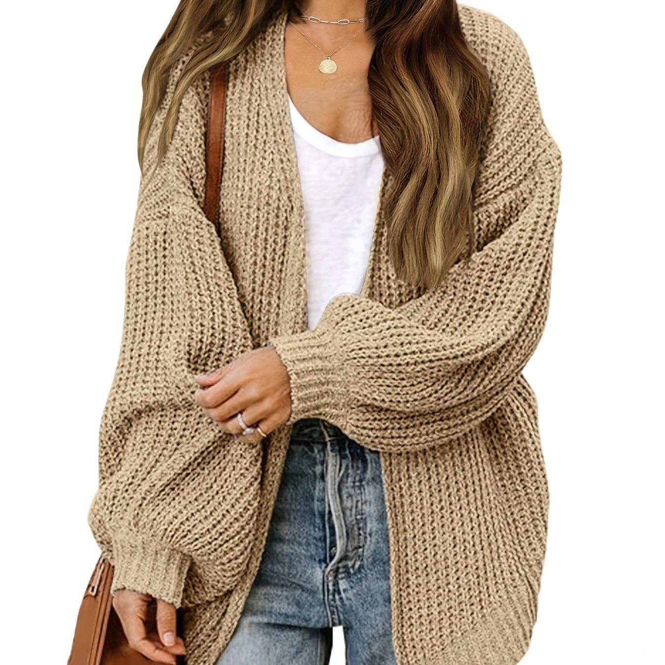 Sixsr Oversized Lantern Sleeve Sweater Cardigans Solid Loose Pocket Long Sleeve Fall Winter Casual Knit Cardigan Women's Clothing