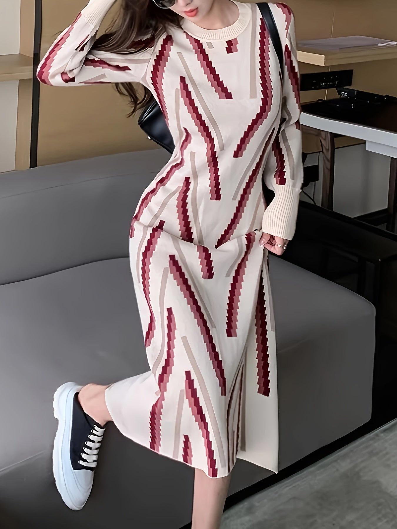 Sixsr Striped Pattern Sweater Dress, Crew Neck Long Sleeve Slim Elegant Dress, Women's Clothing