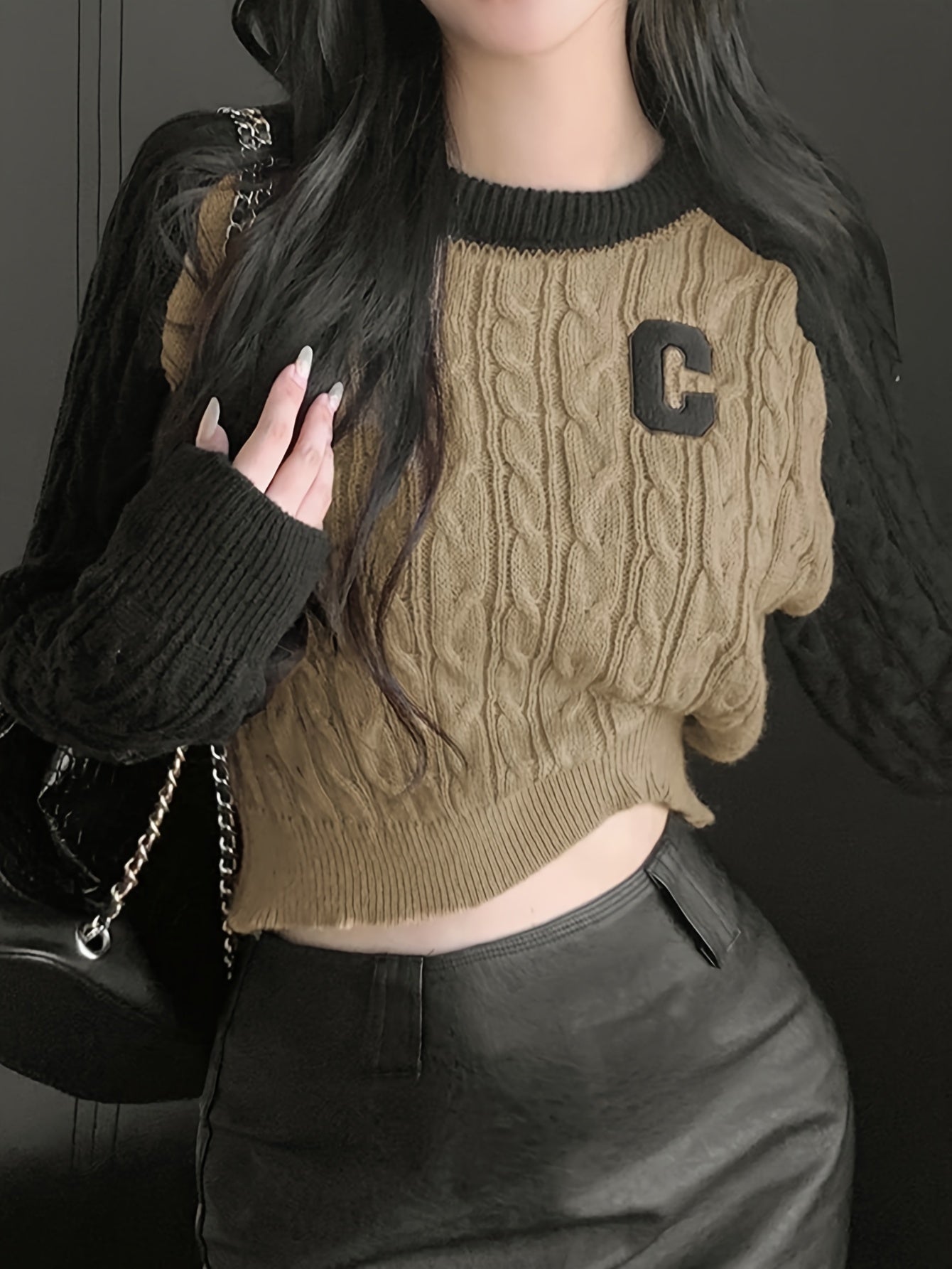 Sixsr Color Block Crew Neck Cable Knit Sweater, Casual Long Sleeve Pullover Sweater, Women's Clothing