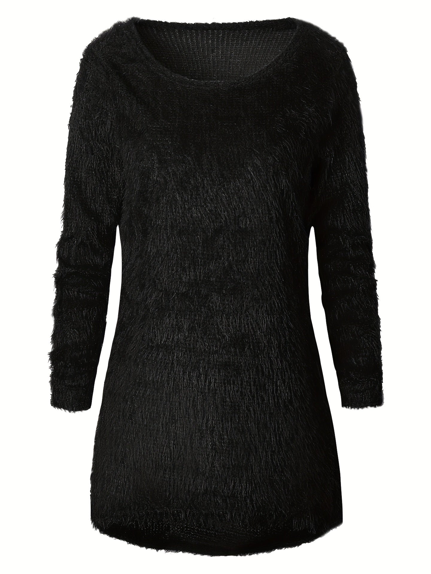 Sixsr Plus Size Casual Sweater, Women's Plus Solid Long Sleeve Round Neck Loose Fluffy Pullover Sweater