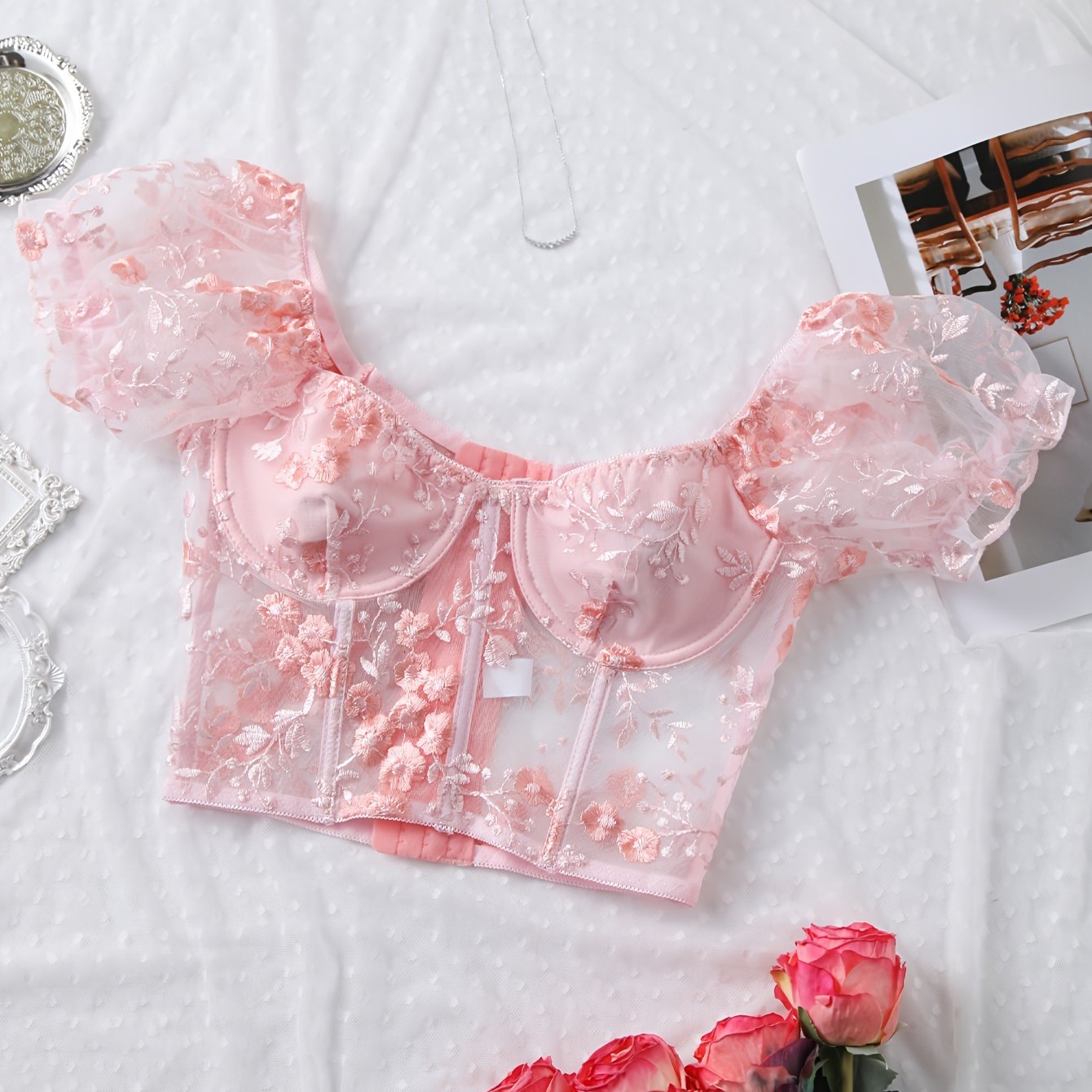Sixsr Hot Floral Embroidery Bustier, Puff Sleeve Fishbone Bustier, Women's Sexy Lingerie & Underwear