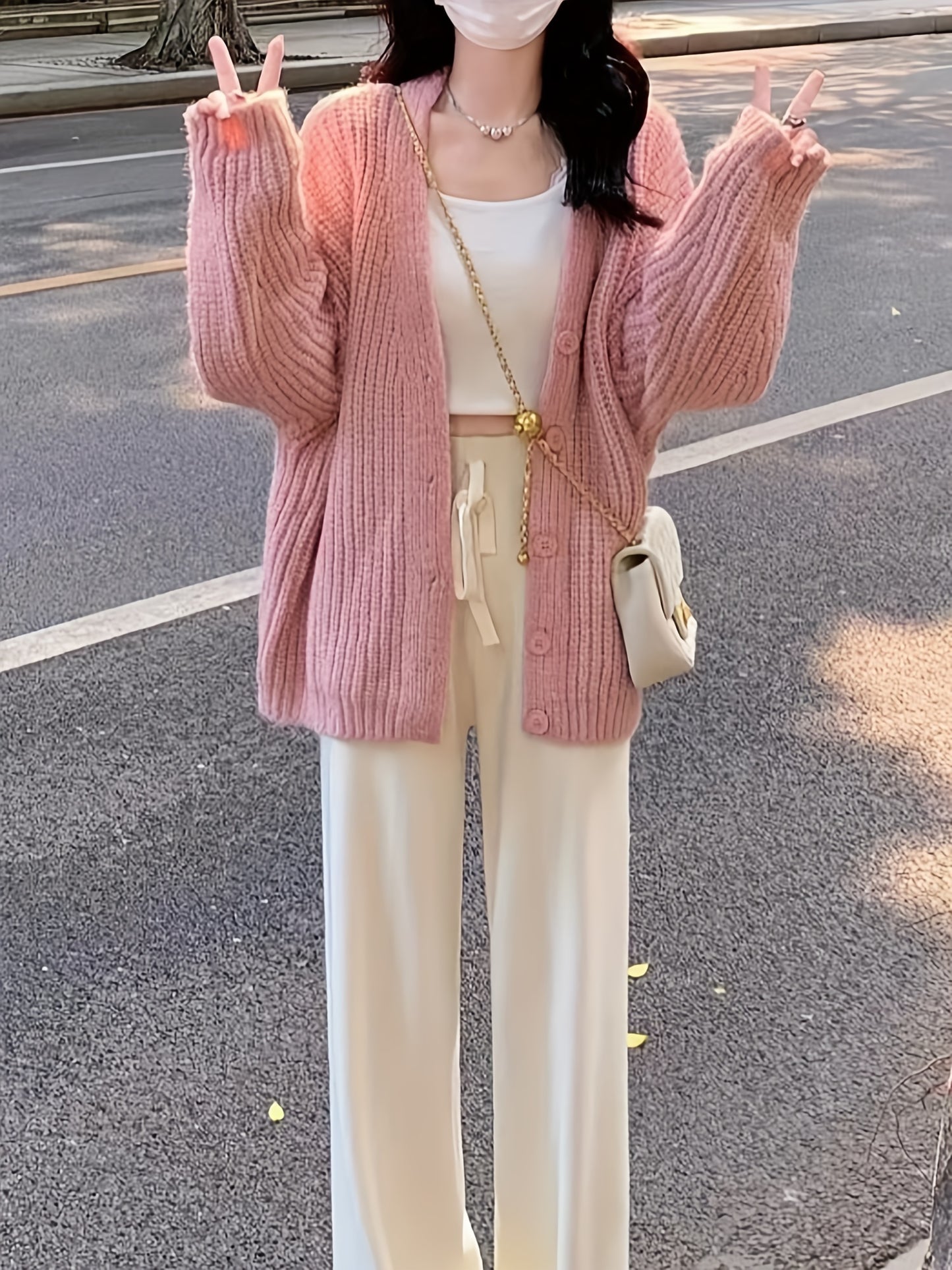 Sixsr Button Front Ribbed Knitted Cardigan Sweater, Casual Long Sleeve Sweater For Fall & Winter, Women's Clothing