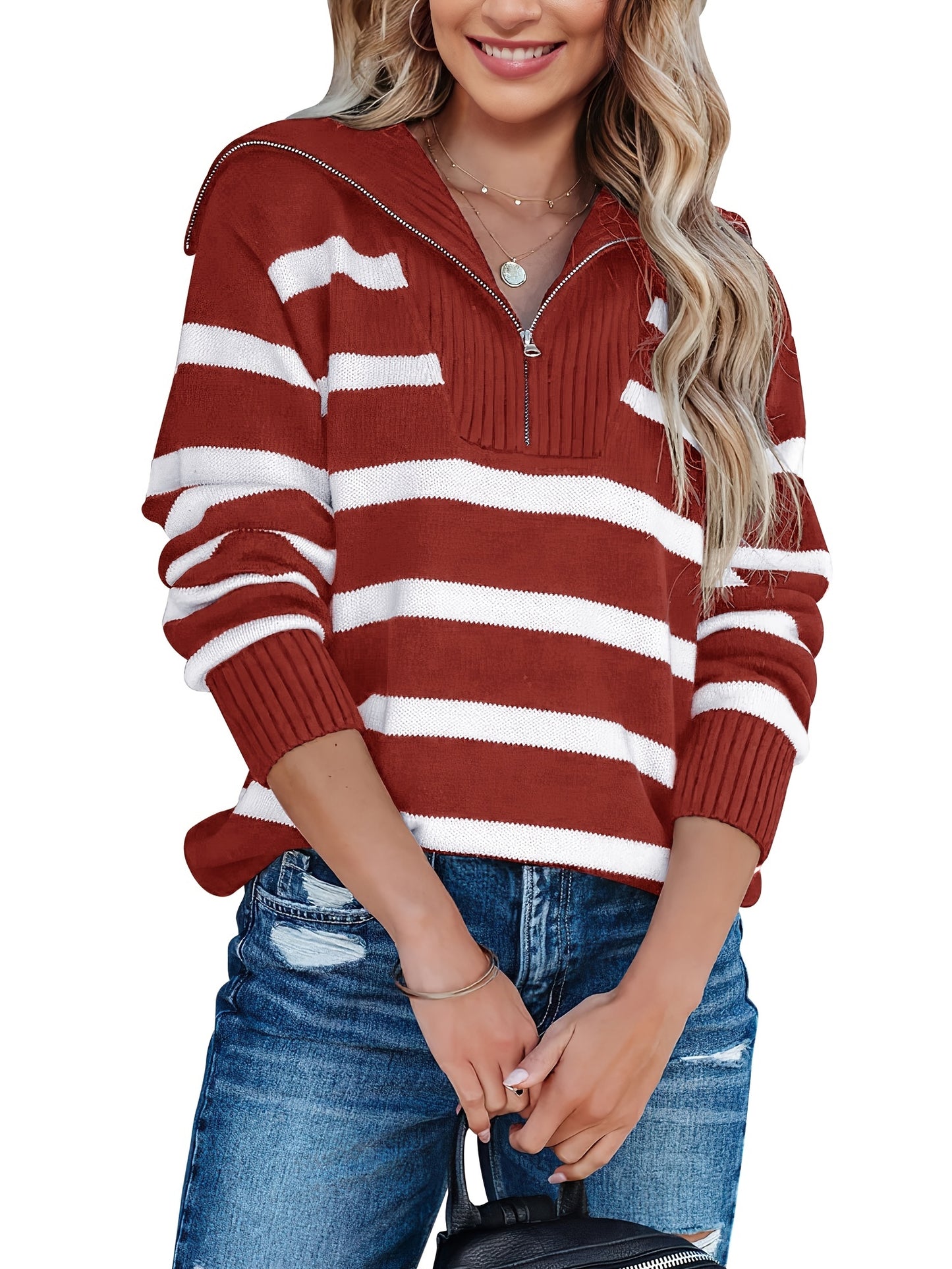 Lapel Striped Sweater, Long Sleeve Casual Sweater For Fall & Winter, Women's Clothing