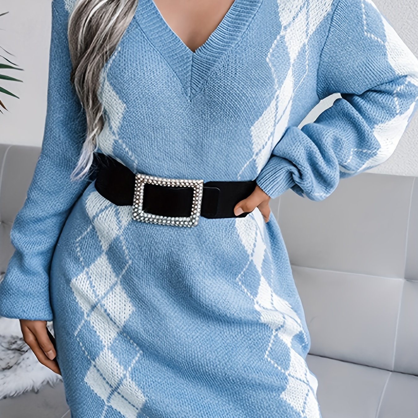 Sixsr Plus Size Casual Sweater Dress, Women's Plus Argyle Print Long Sleeve V Neck Sweater Dress