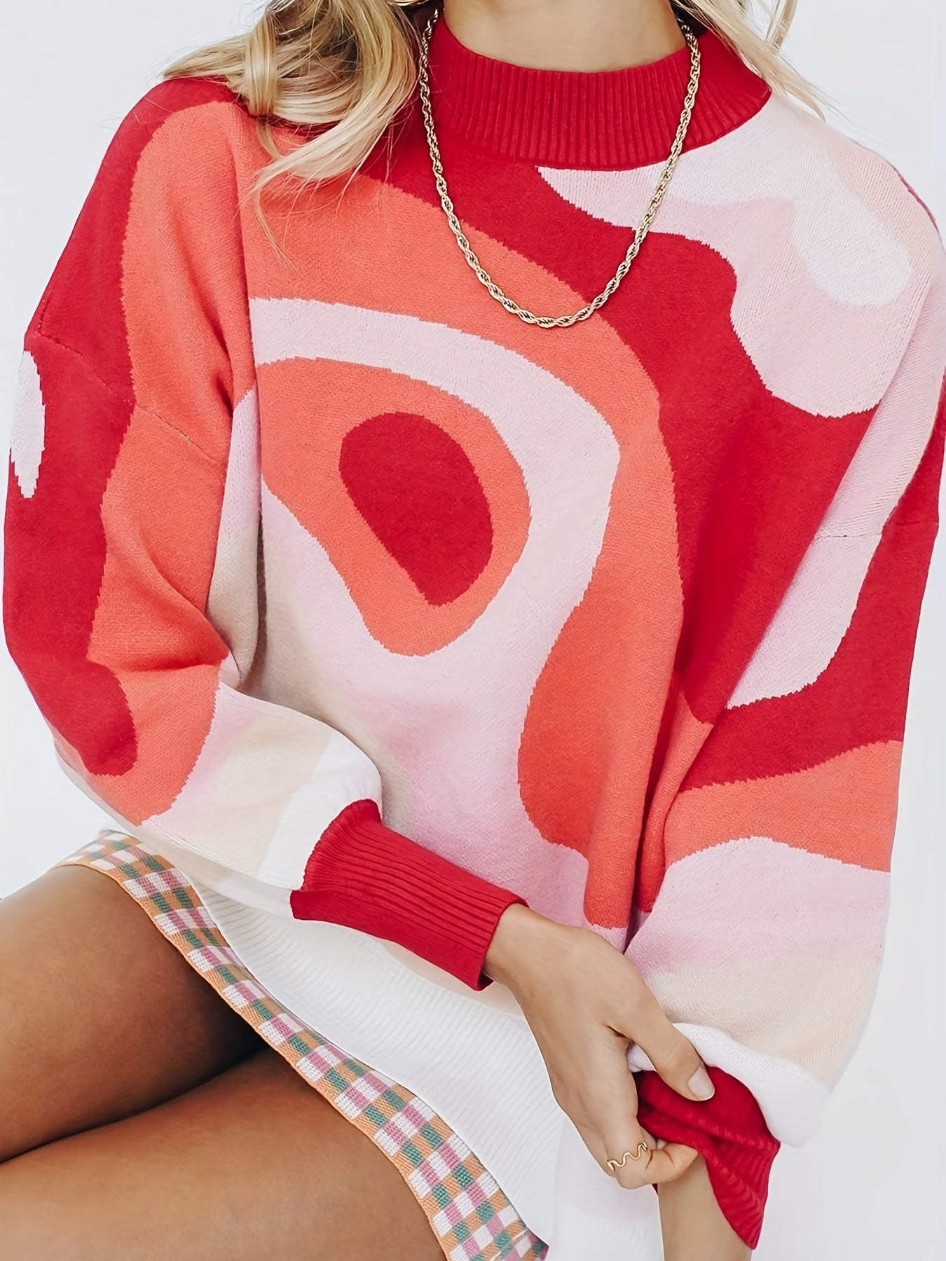 Sixsr Plus Size Casual Sweater, Women's Plus Abstract Print Long Sleeve Mock Neck Medium Stretch Pullover Jumper