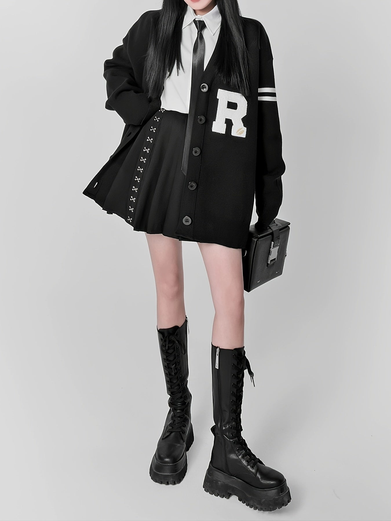 Sixsr Y2K Letter Pattern Button Up Knit Cardigan, Preppy Long Sleeve Loose Sweater, Women's Clothing