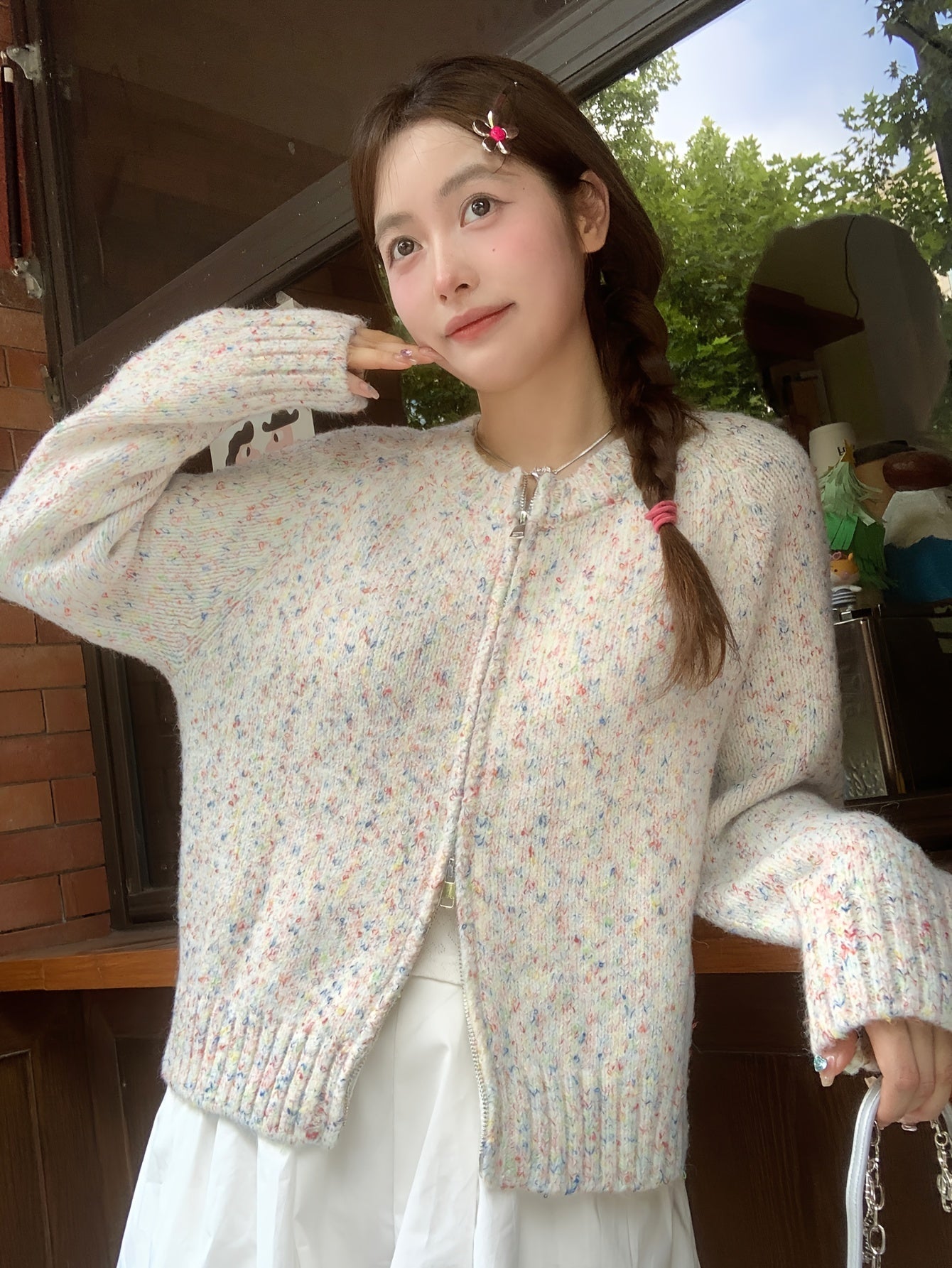 Sixsr Colorful Dot Zip Up Knit Cardigan, Casual Long Sleeve Sweater Coat, Women's Clothing